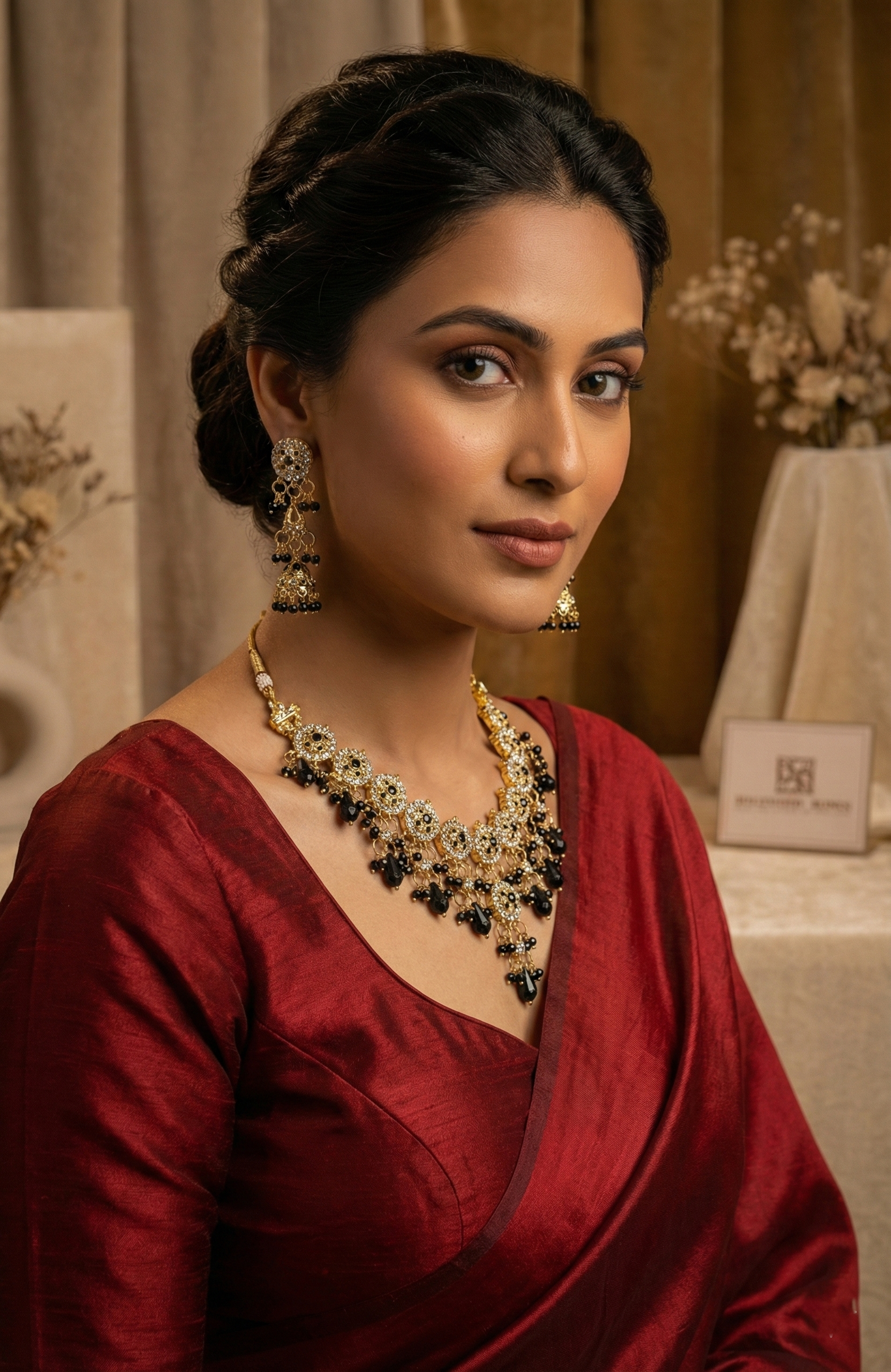 Black & Gold Kundan Necklace Set with Matching Jhumka Earrings