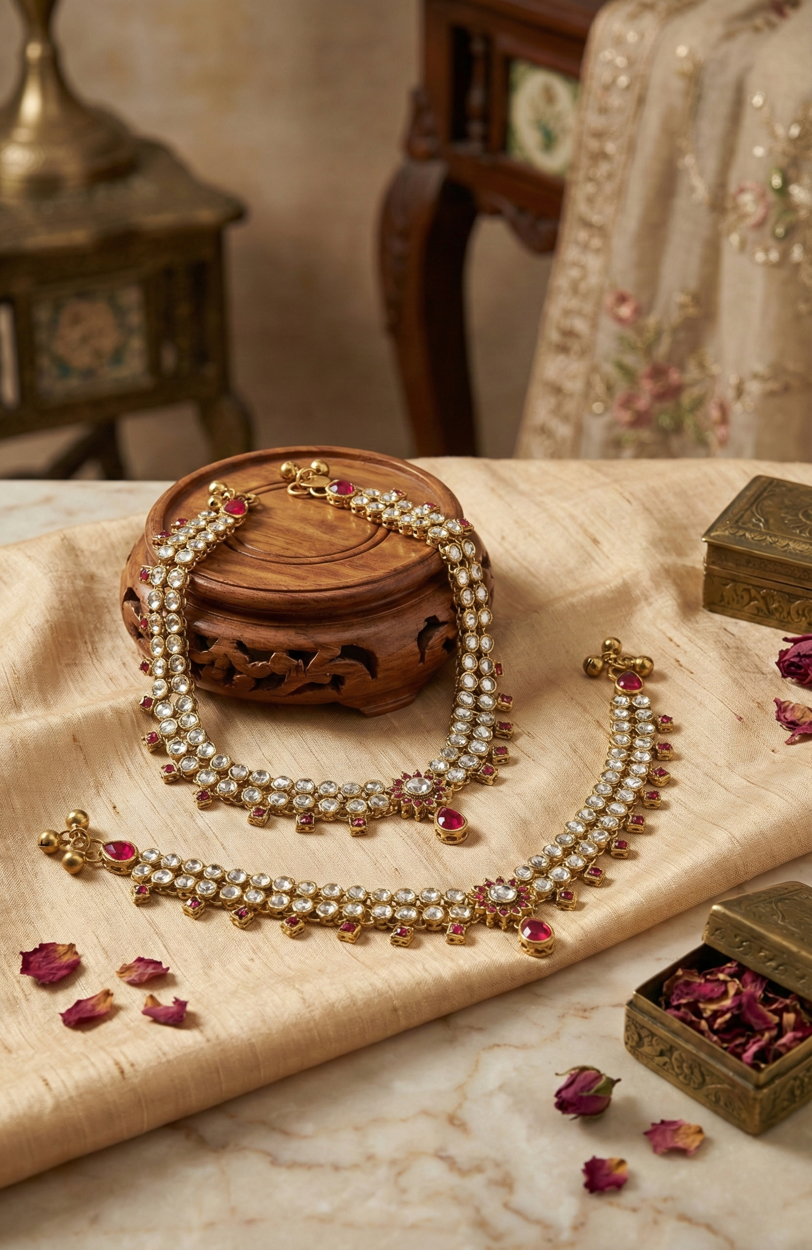 Gold-Tone Crystal & Ruby-Pink Anklets
