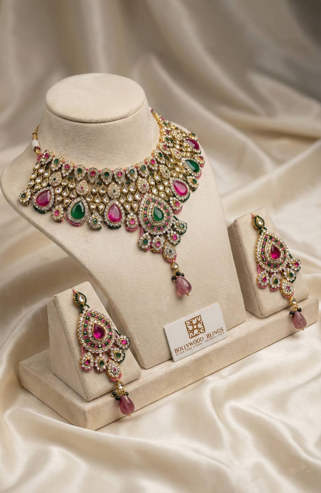 Royal Pink and Green Necklace & Earrings Set