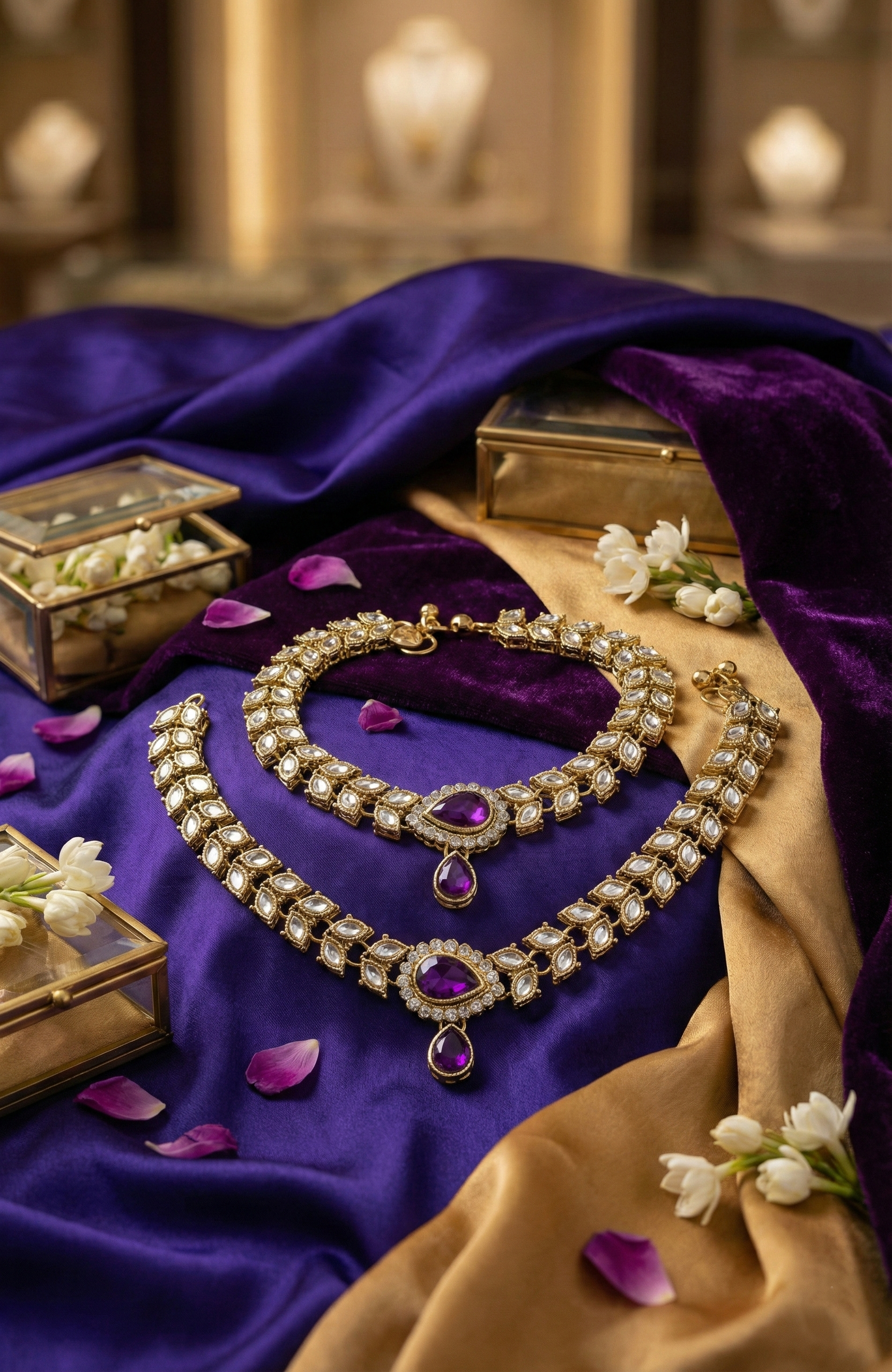 Gold-Tone Kundan Anklets with Purple Stone Pendant