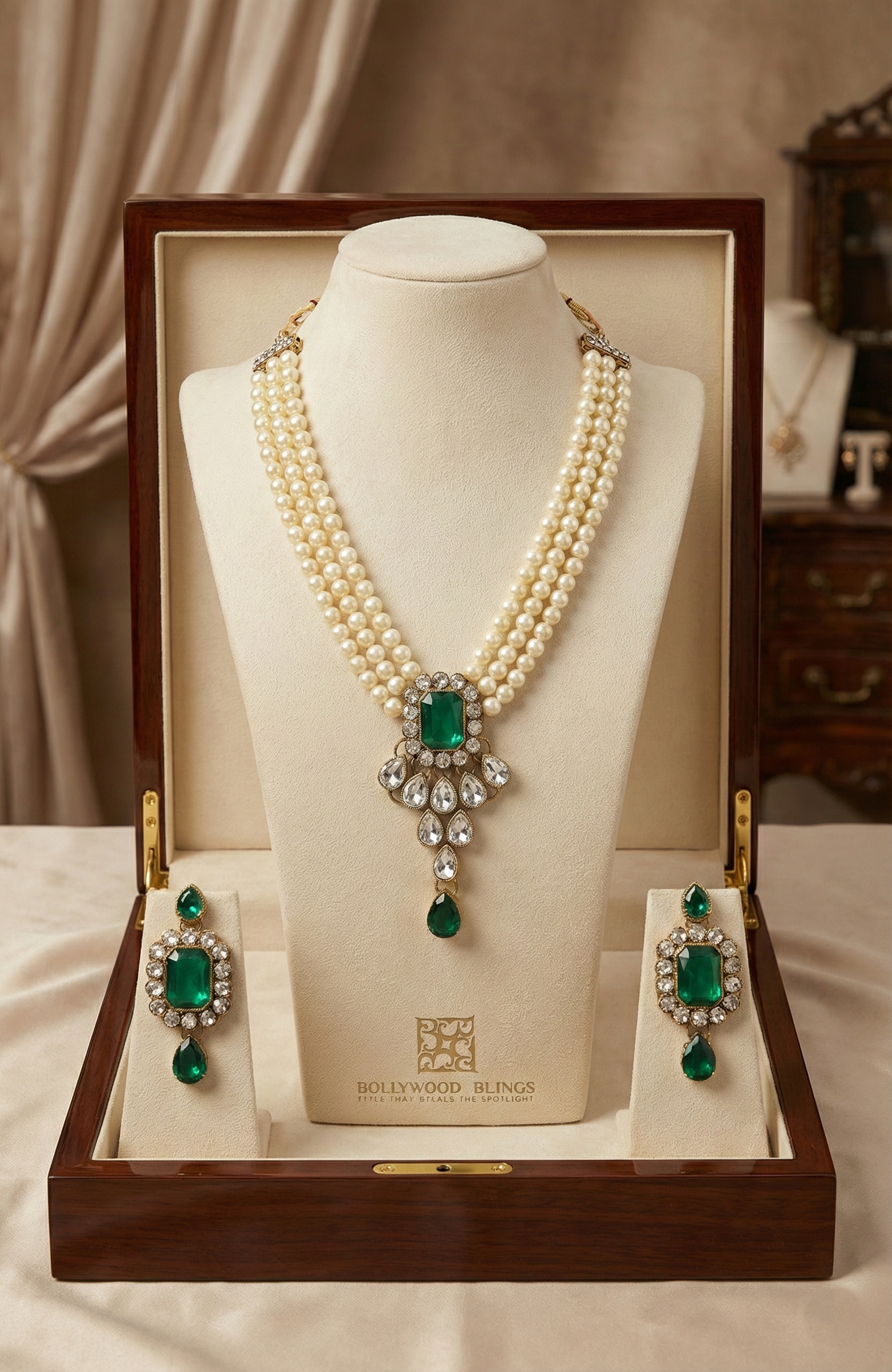 Emerald Pearl Kundan Necklace Set