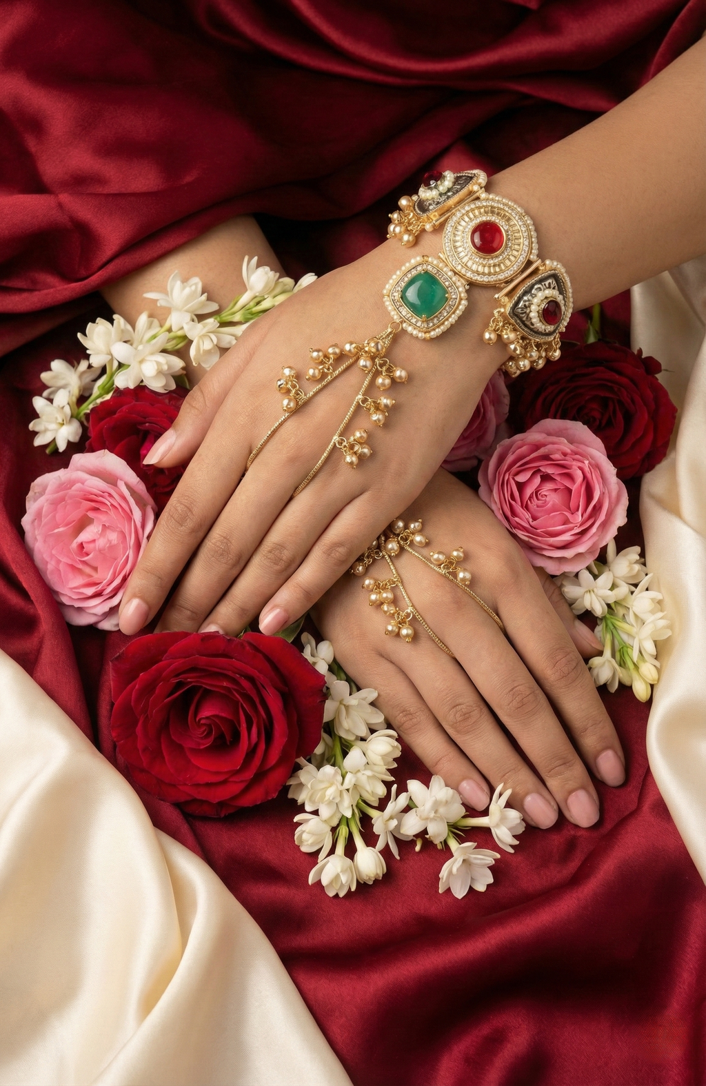 Royal Heritage Kundan Haathphool Pair – Red & Emerald