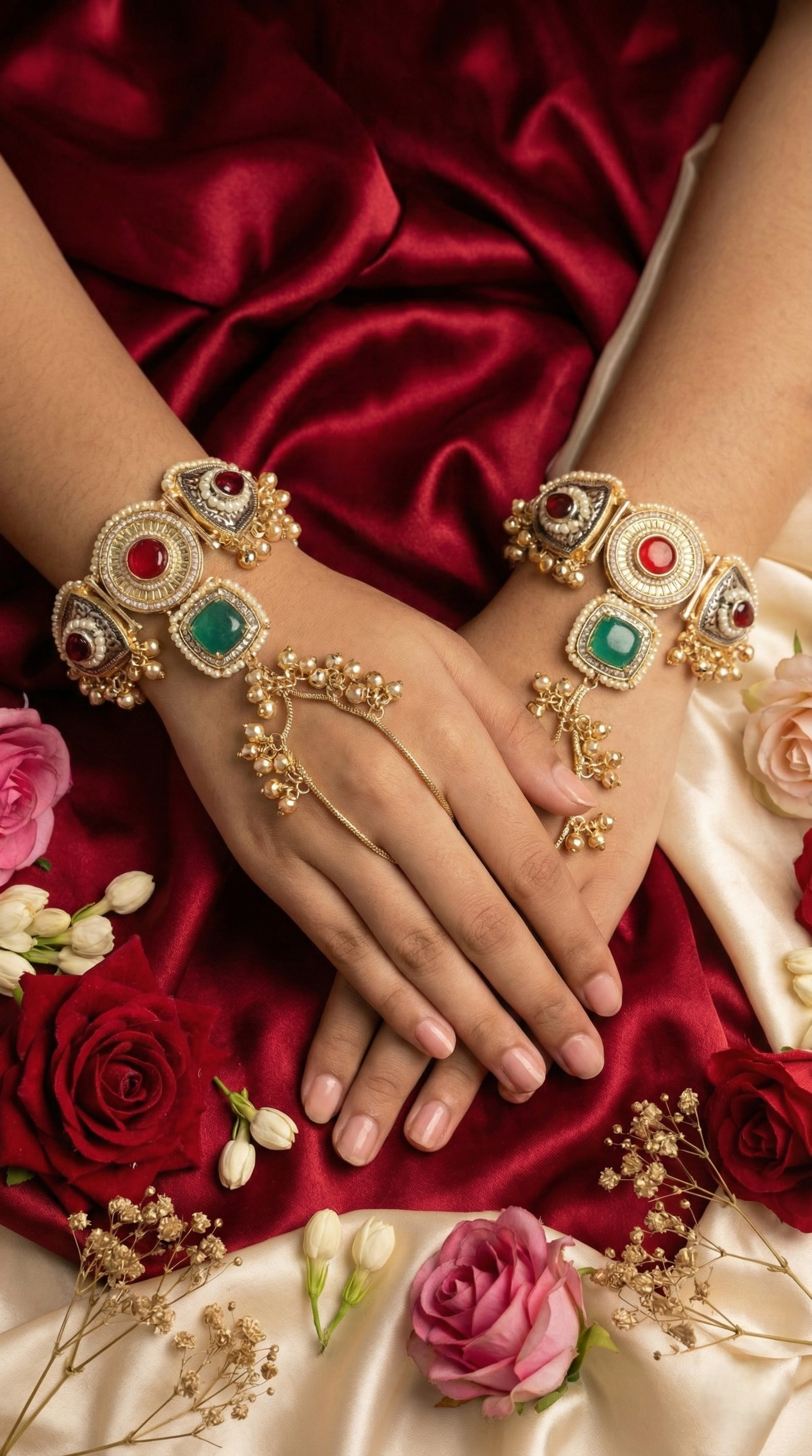 Royal Heritage Kundan Haathphool Pair – Red & Emerald