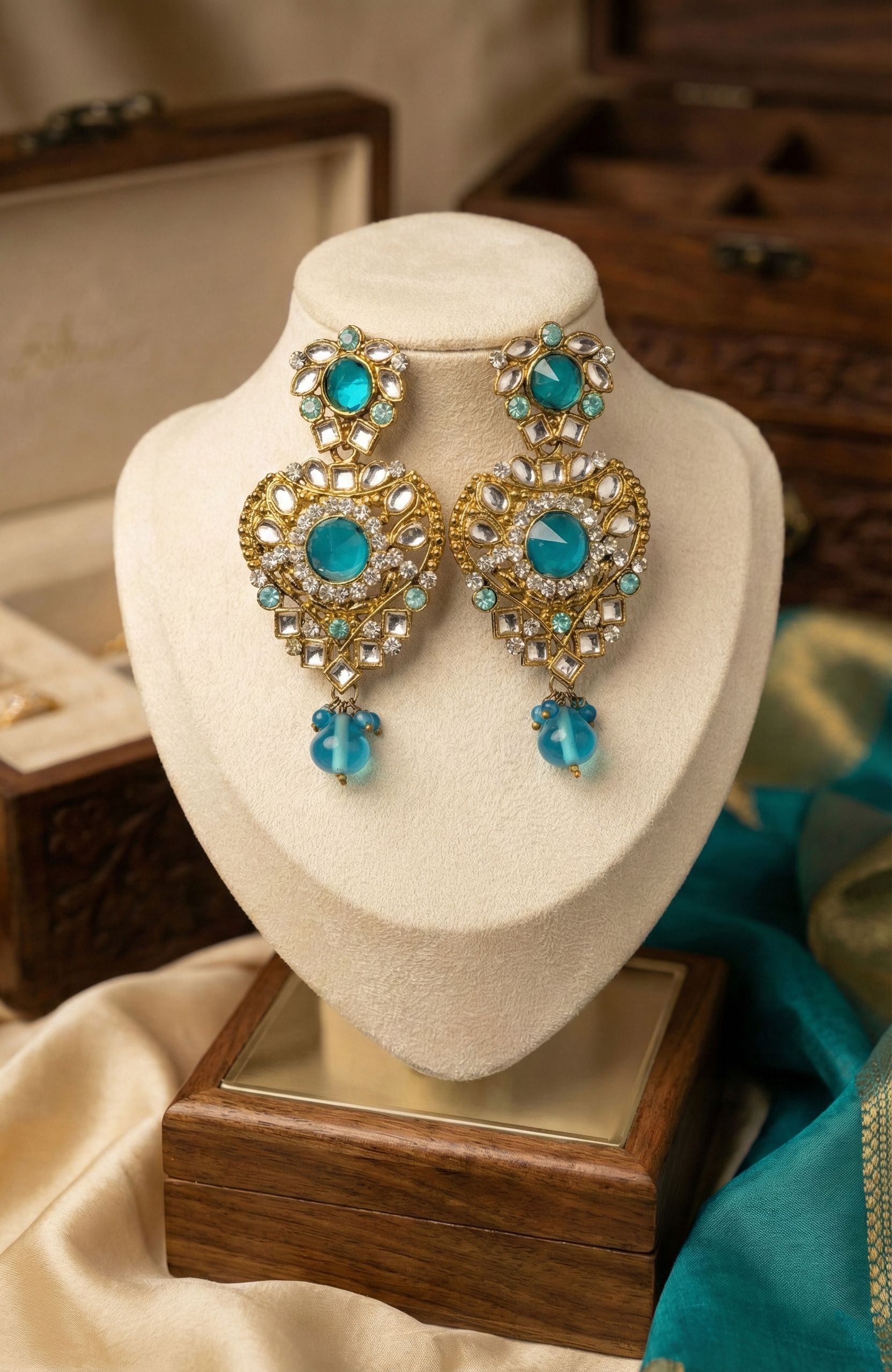 Blue & White Crystal Heart Shaped Earrings