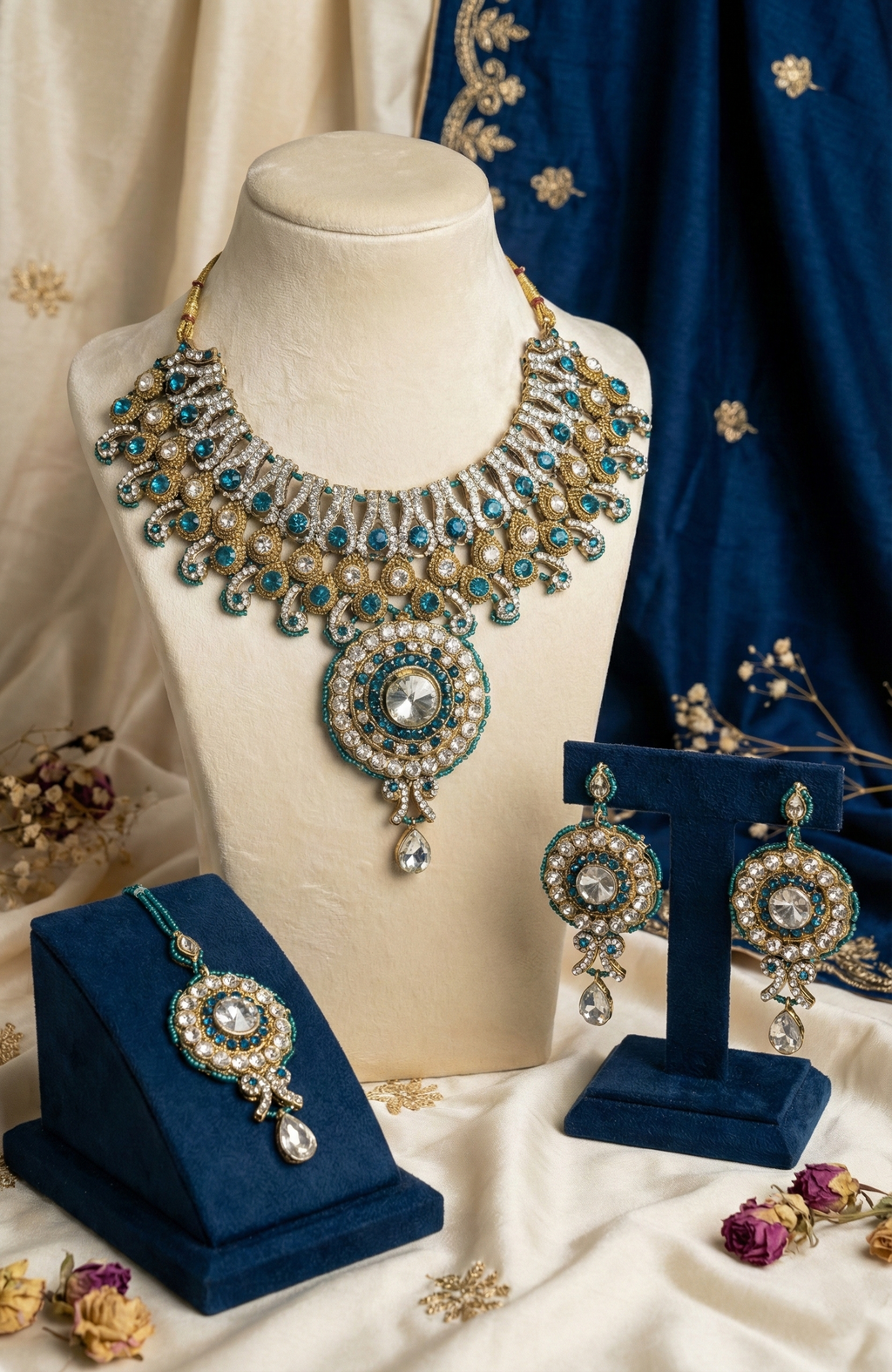 Royal Blue & Gold Stone-Studded Necklace Set