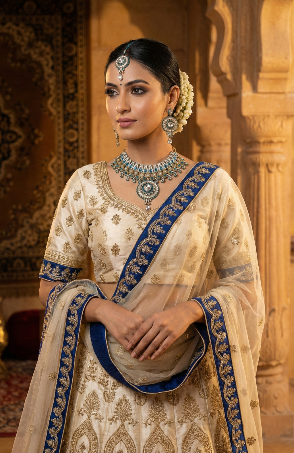 Royal Blue & Gold Stone-Studded Necklace Set