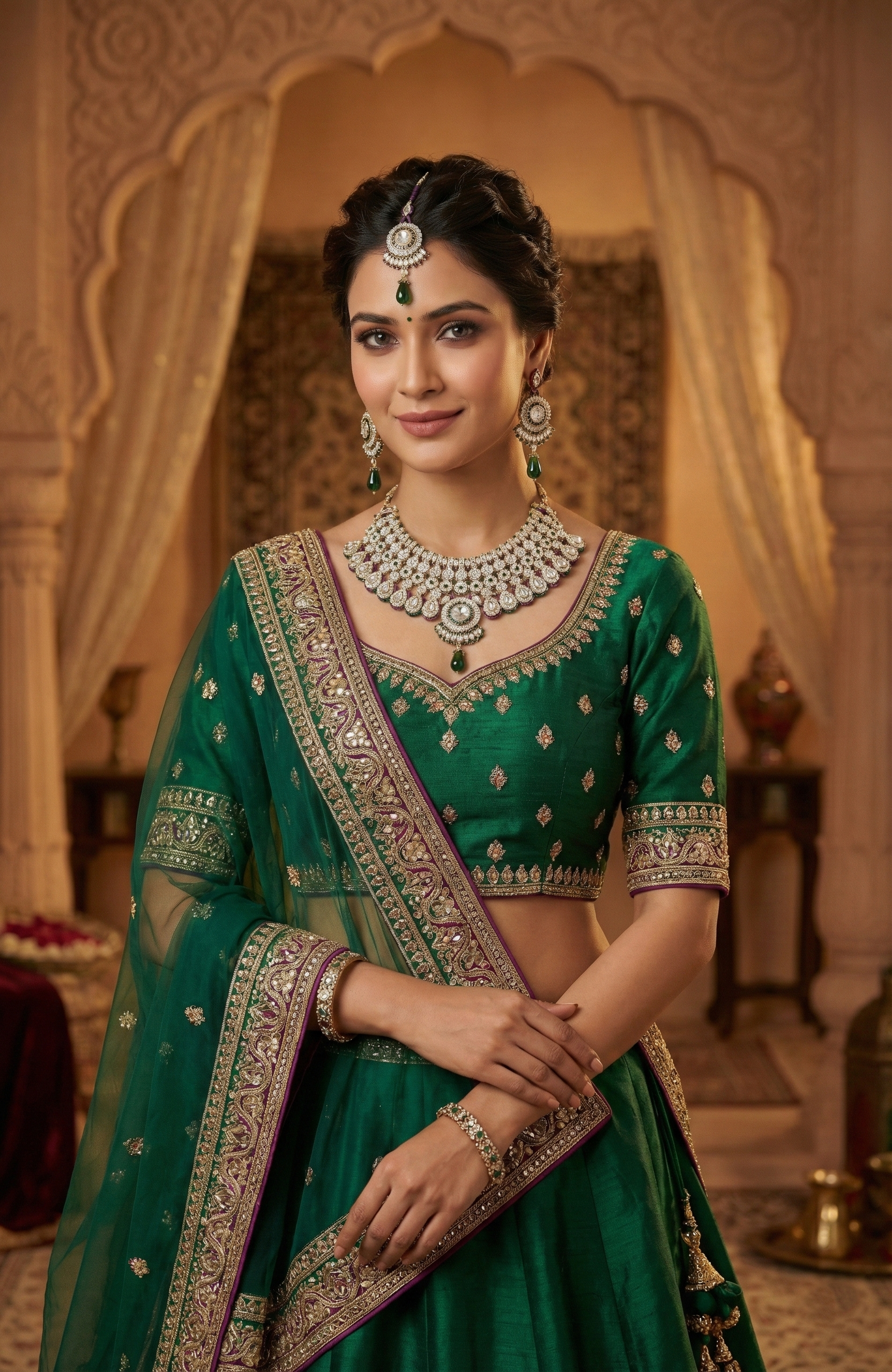 Green & Purple Stone-Studded Necklace Set