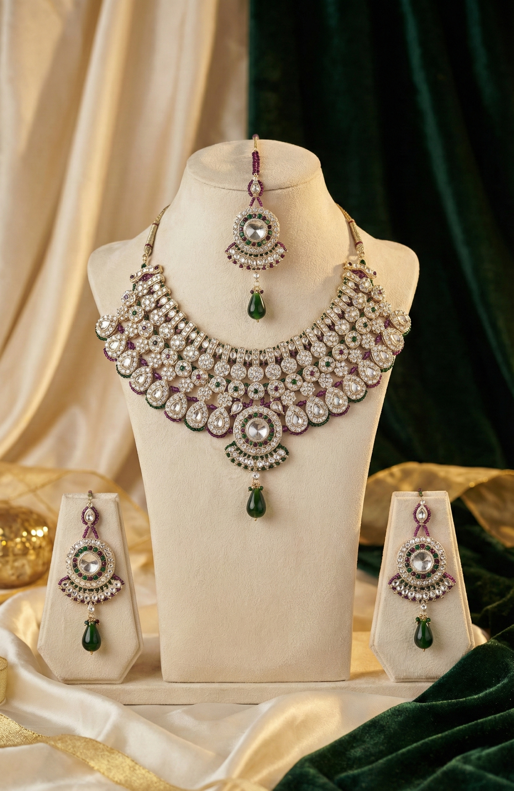 Green & Purple Stone-Studded Necklace Set