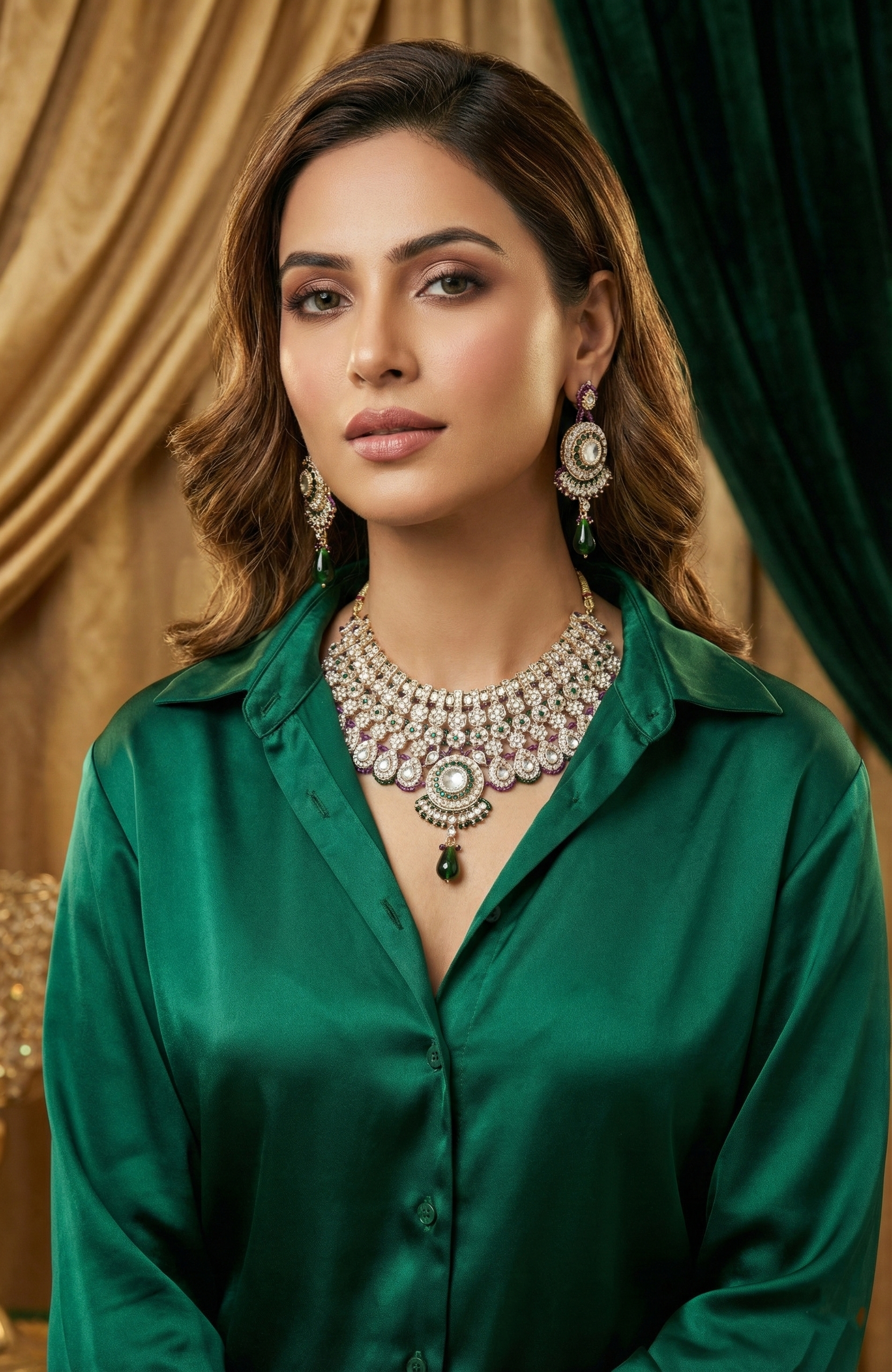 Green & Purple Stone-Studded Necklace Set