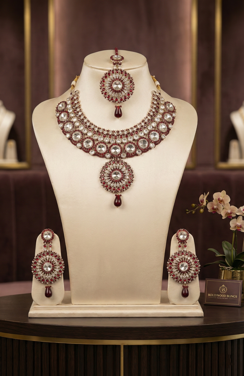 Elegant Ruby & Clear Stone Bridal Jewellery Set