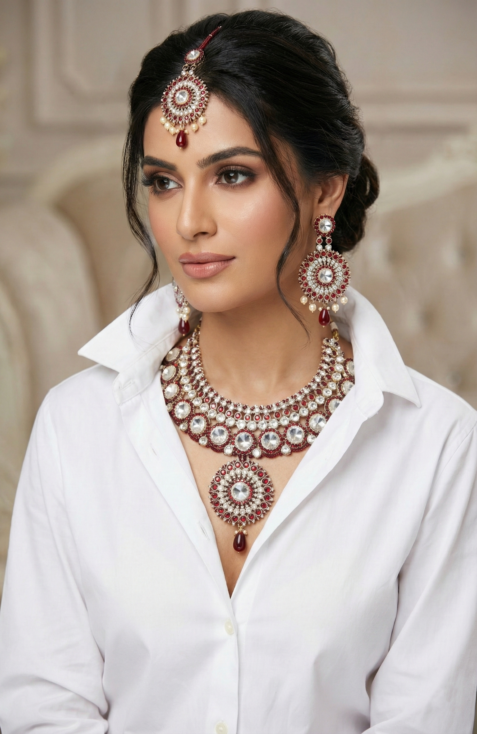 Elegant Ruby & Clear Stone Bridal Jewellery Set