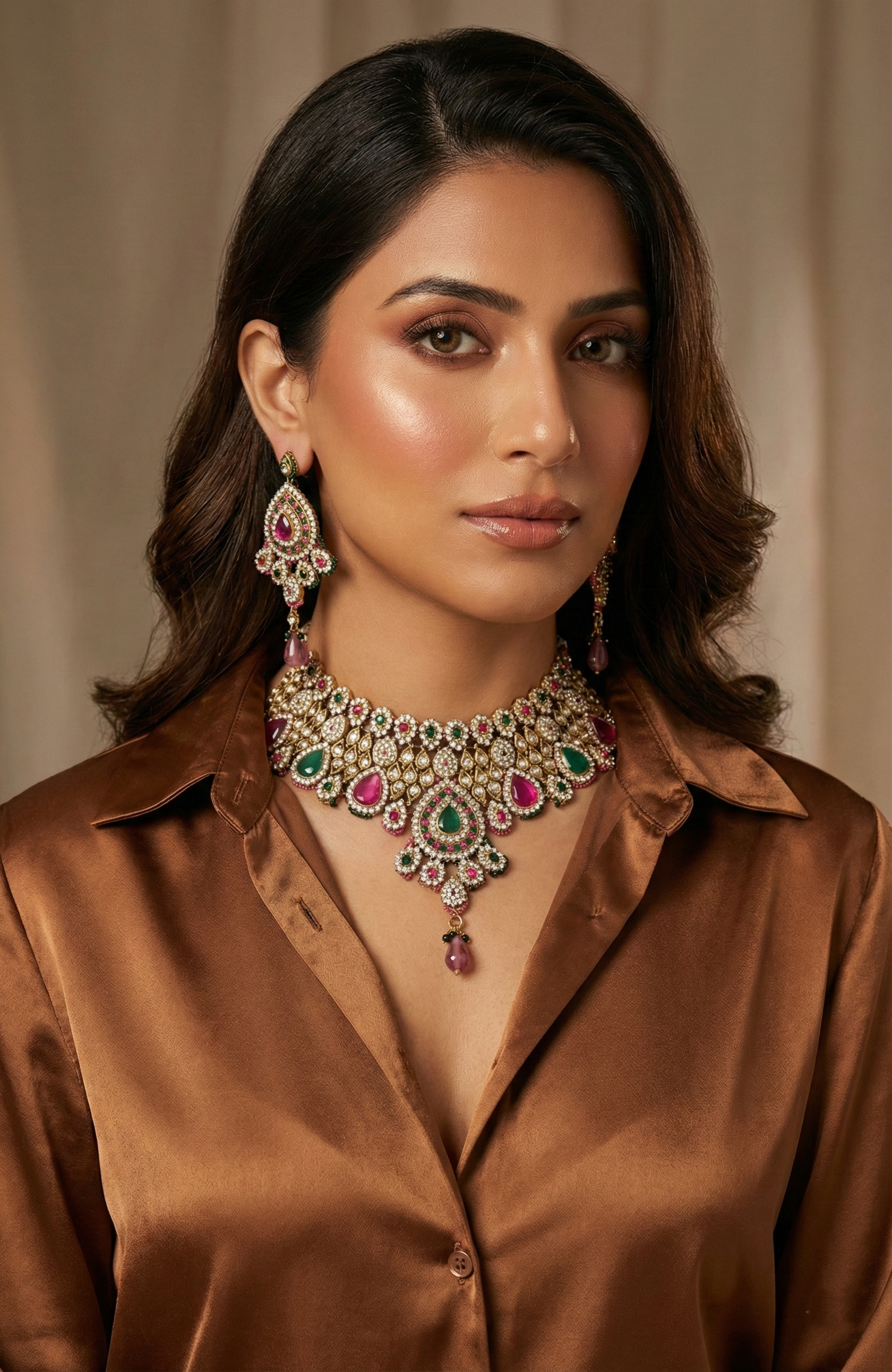 Royal Pink and Green Necklace & Earrings Set