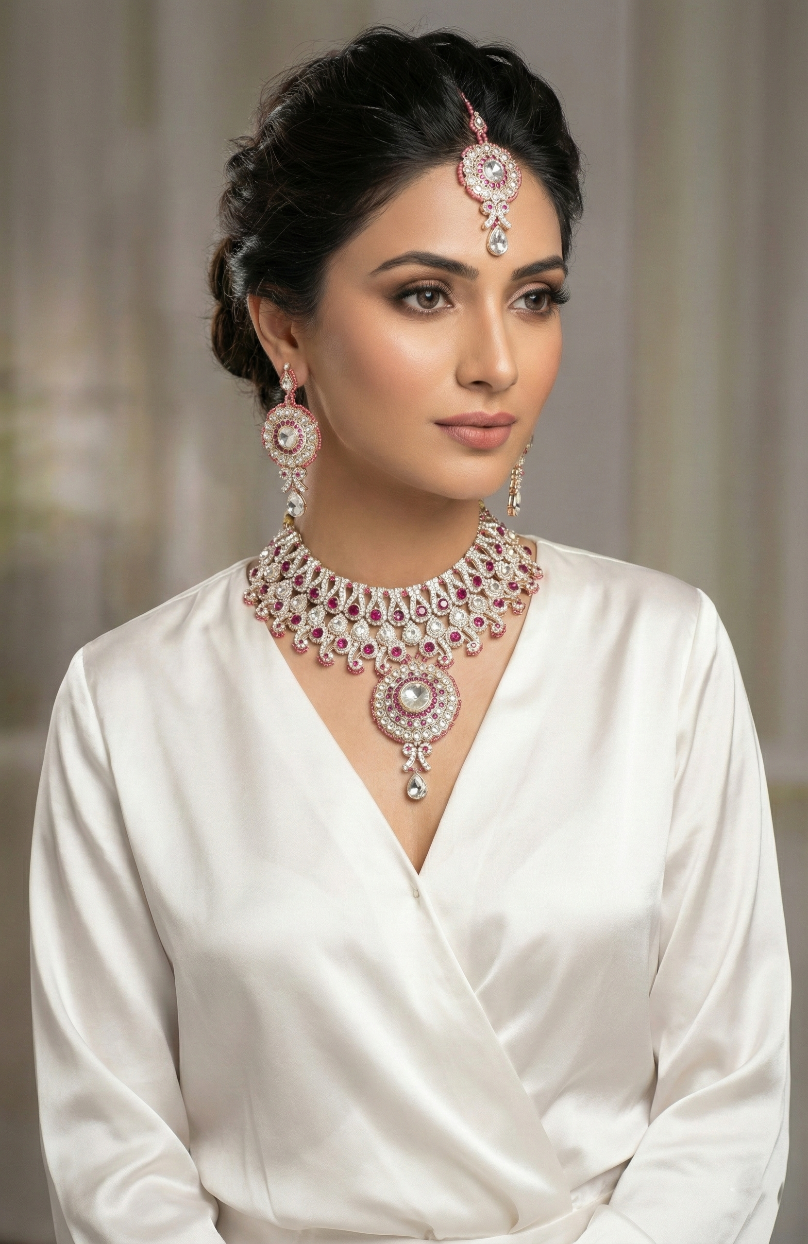 Royal Pink & Silver Stone-Studded Necklace Set