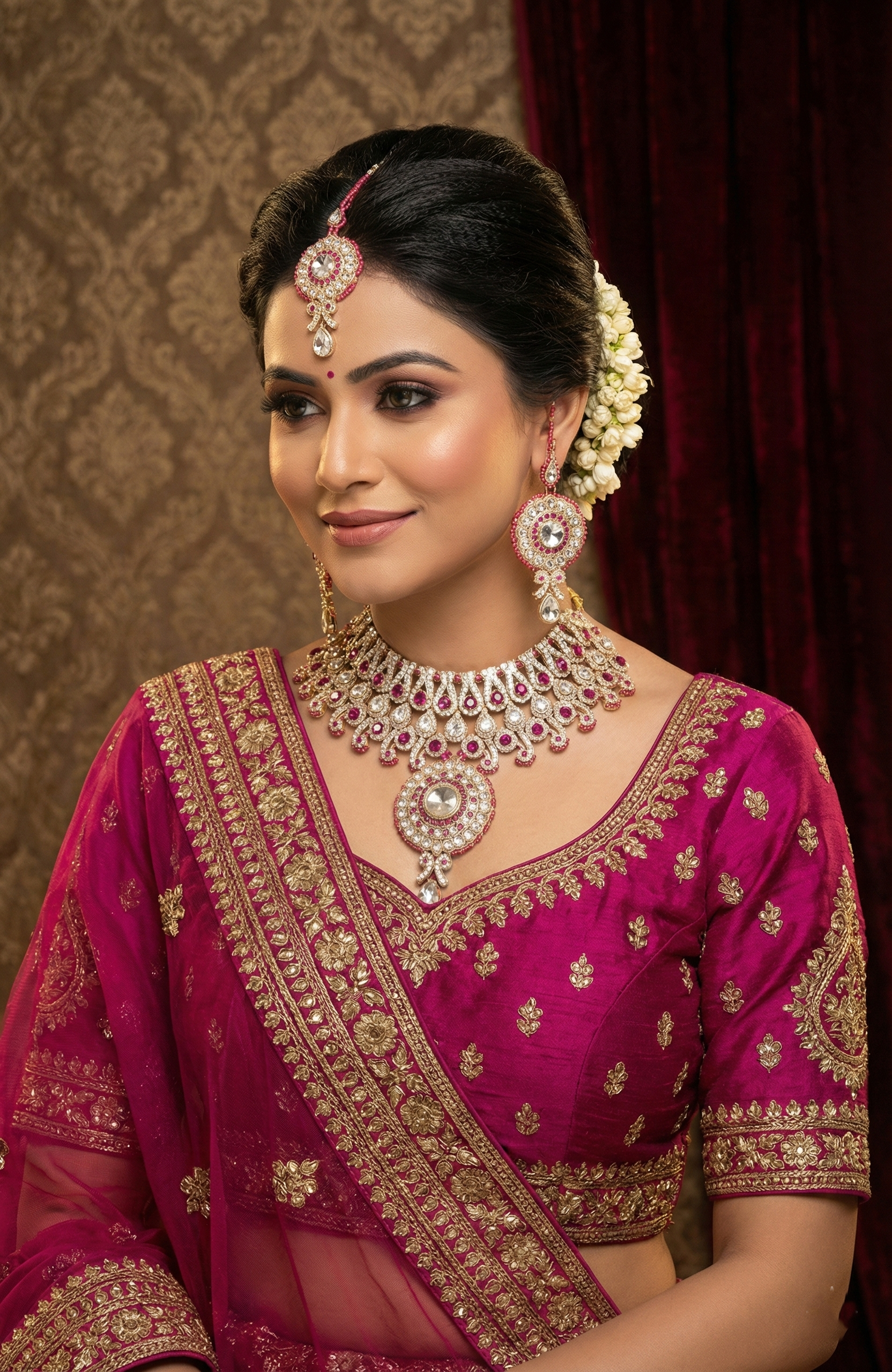 Royal Pink & Silver Stone-Studded Necklace Set