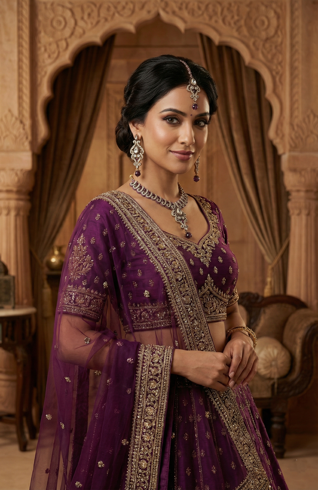 Antique Gold-Tone Necklace, Earrings & Maang Tikka Set