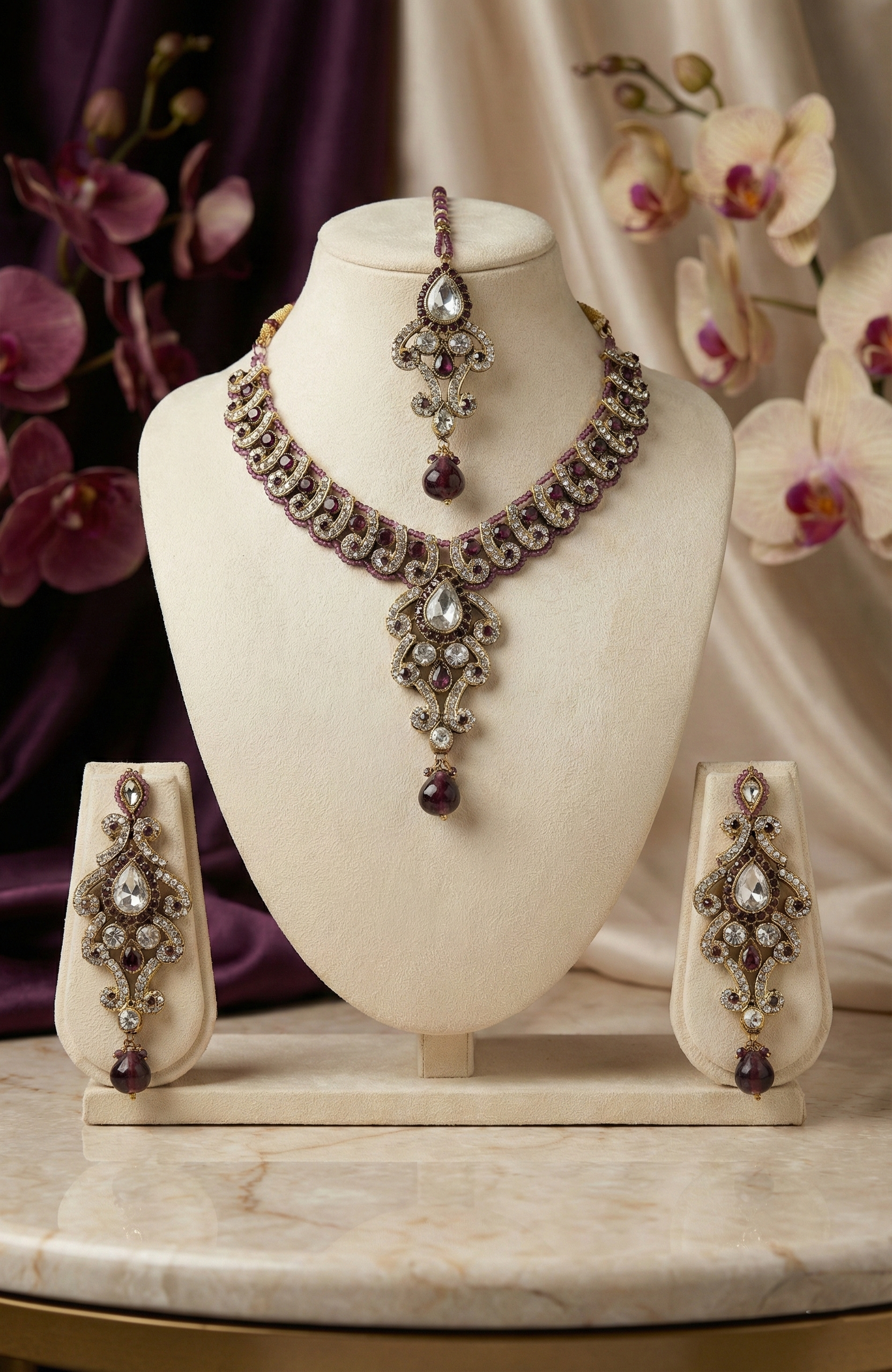 Antique Gold-Tone Necklace, Earrings & Maang Tikka Set