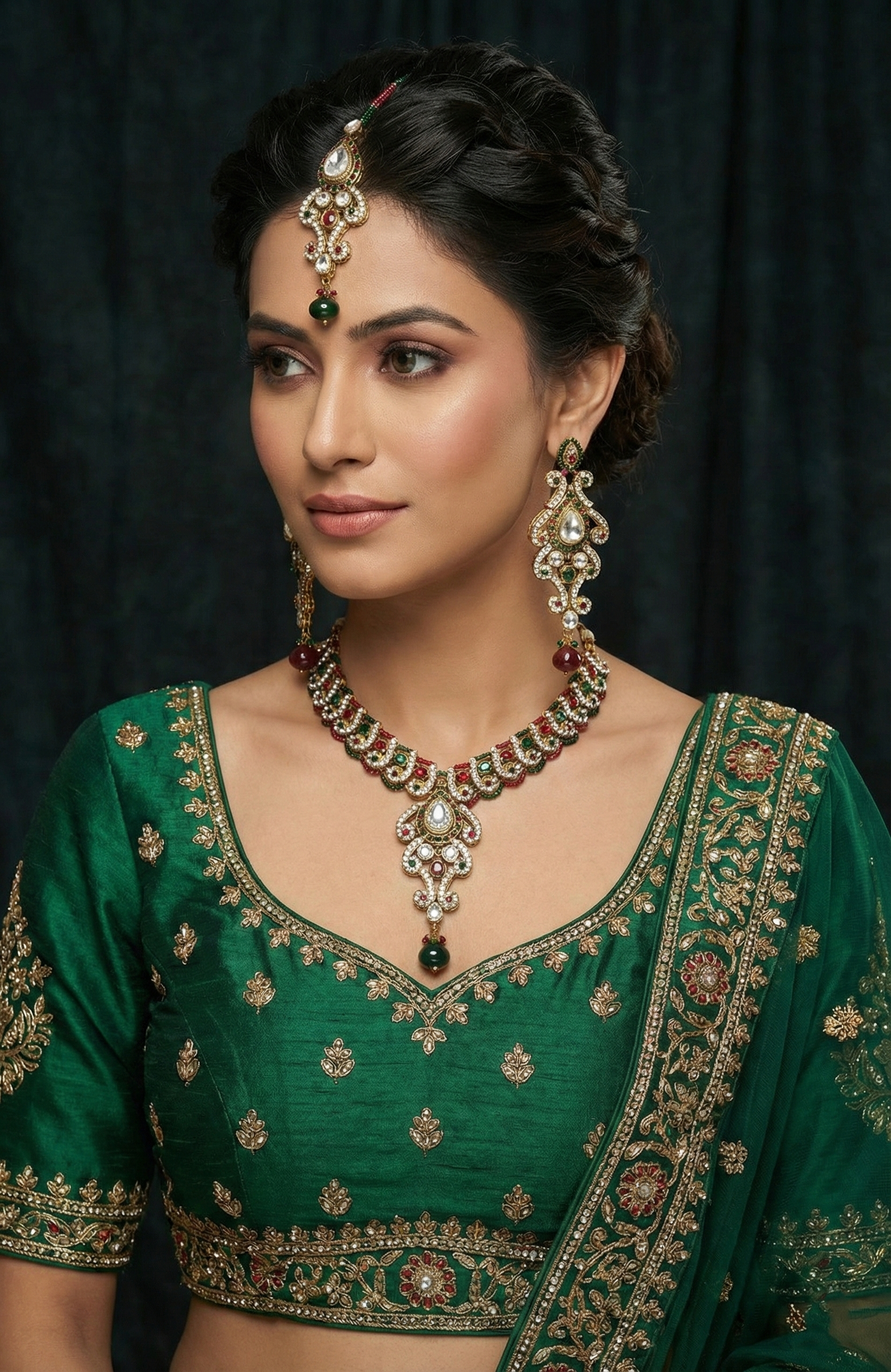 Red and Green Antique Gold-Tone Necklace, Earrings & Maang Tikka Set