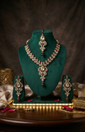 Red and Green Antique Gold-Tone Necklace, Earrings & Maang Tikka Set