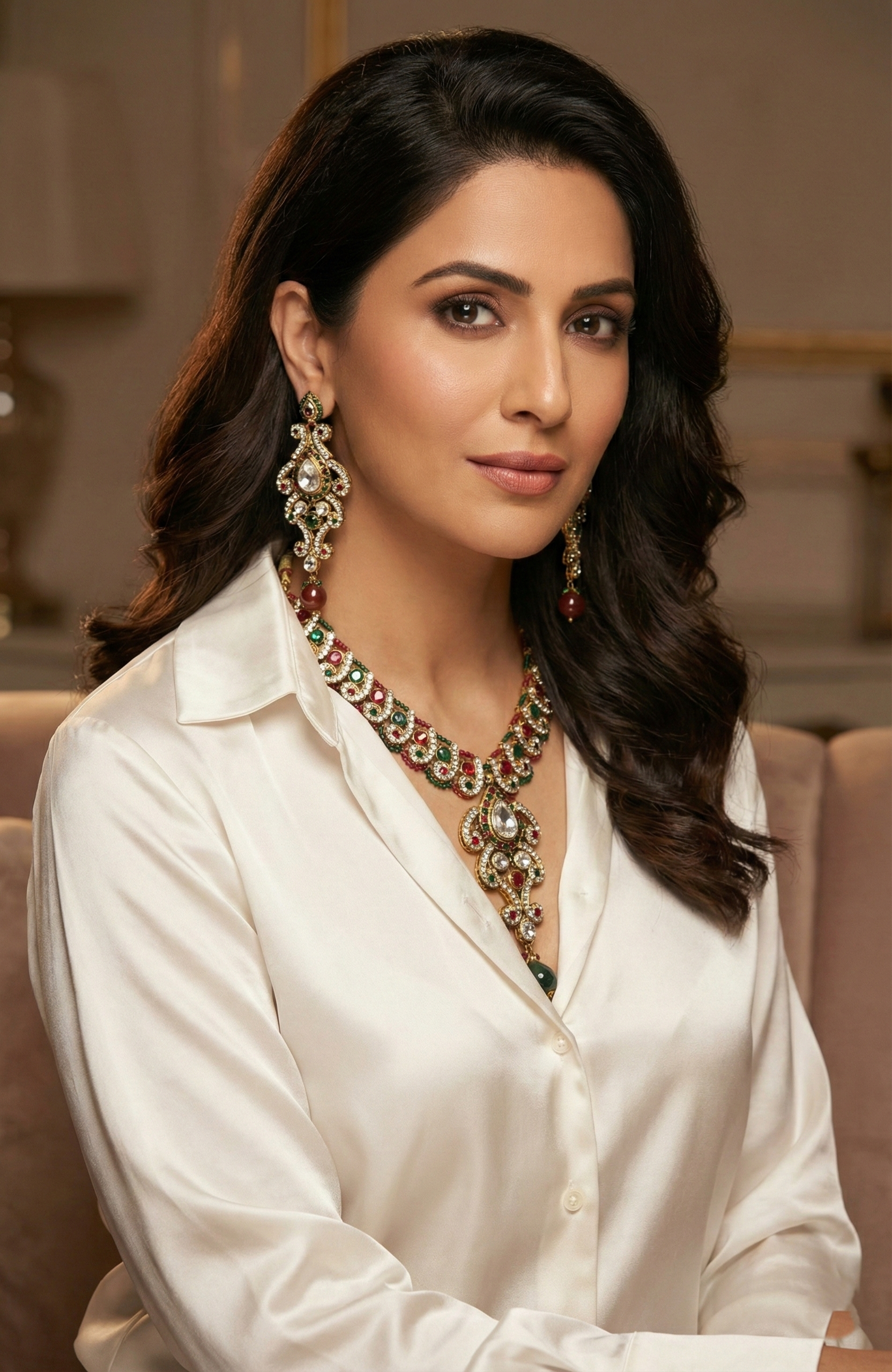 Red and Green Antique Gold-Tone Necklace, Earrings & Maang Tikka Set