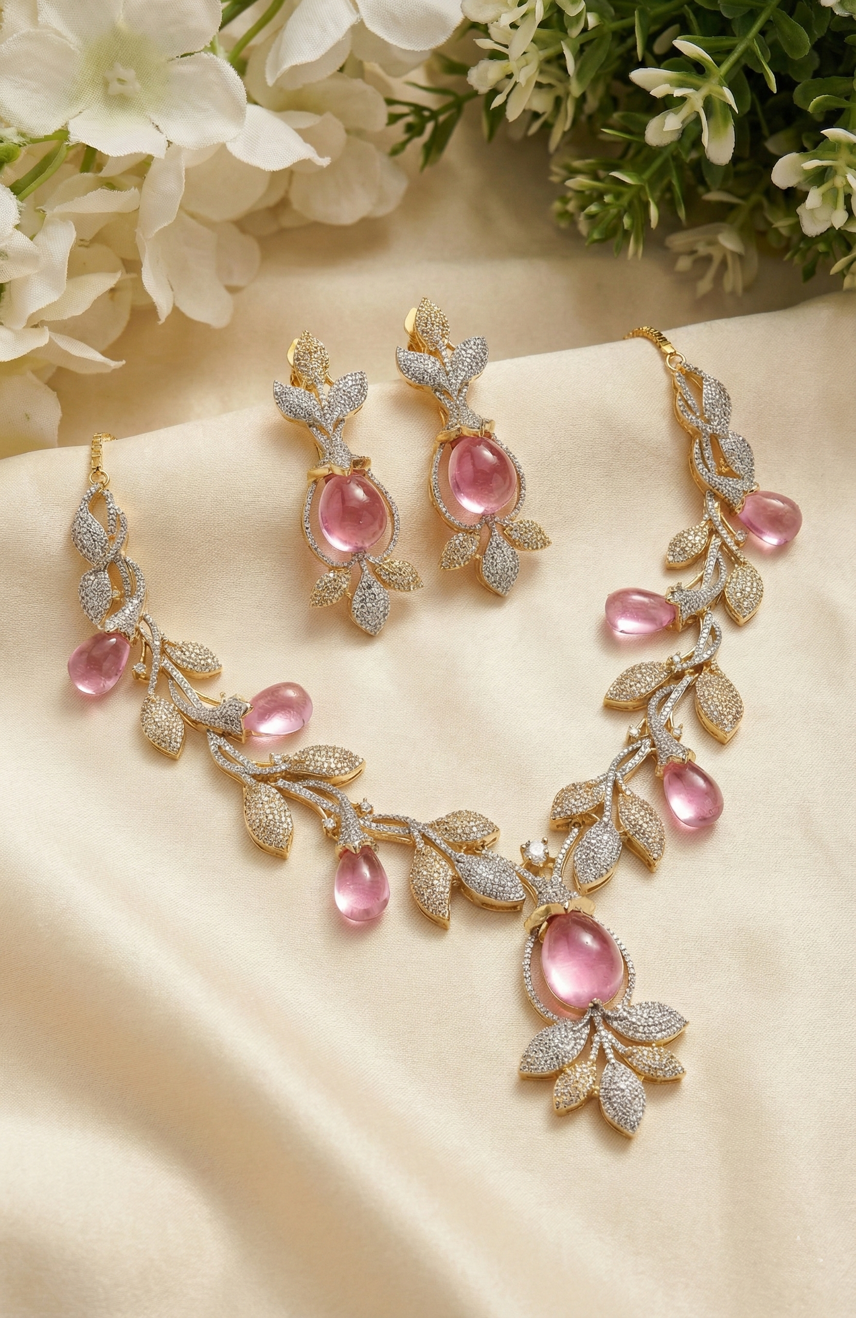 Pink Stone Necklace & Earrings Set