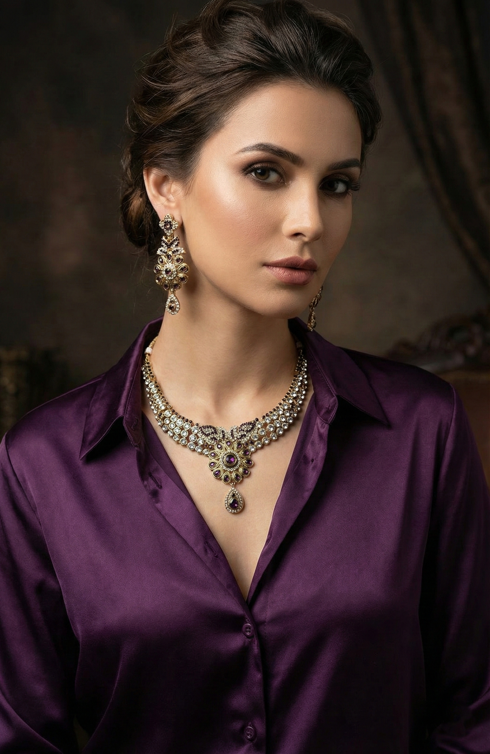 Gold-Tone Necklace Set with Matching Earrings & Maang Tikka – Purple & Clear Stones