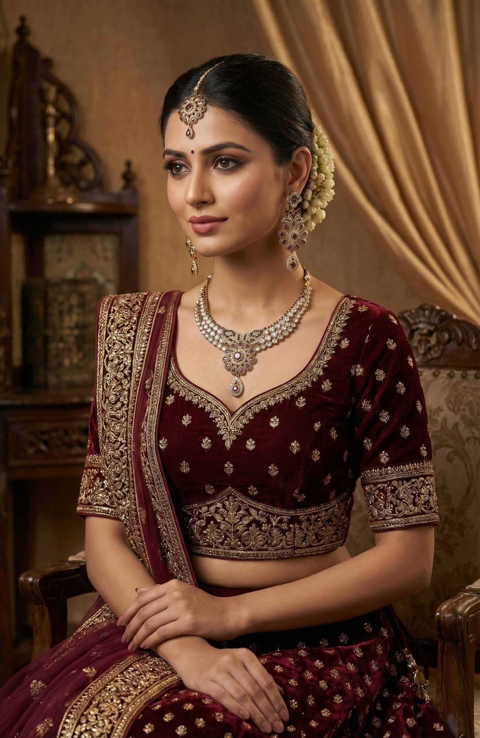 Gold-Tone Necklace Set with Matching Earrings & Maang Tikka – Purple & Clear Stones