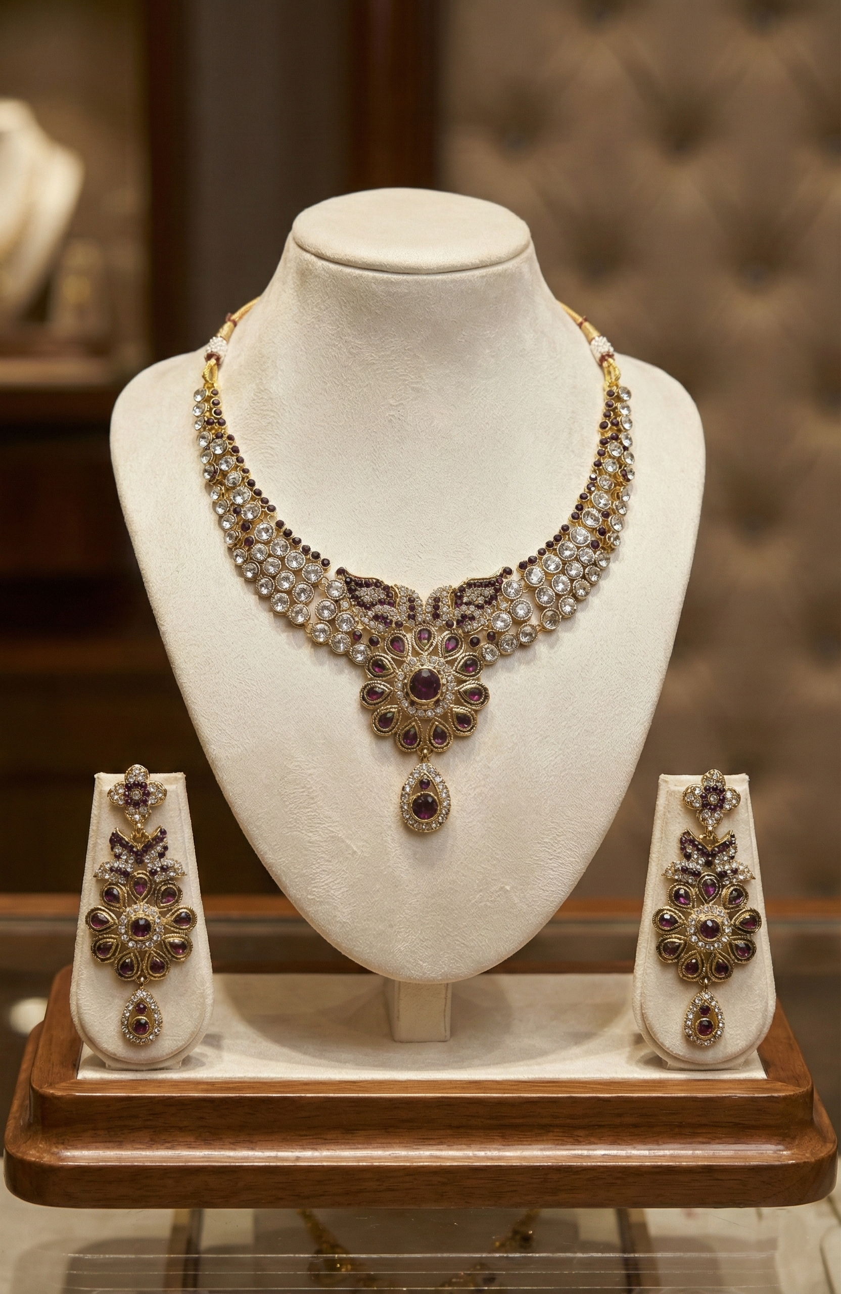 Gold-Tone Necklace Set with Matching Earrings & Maang Tikka – Purple & Clear Stones