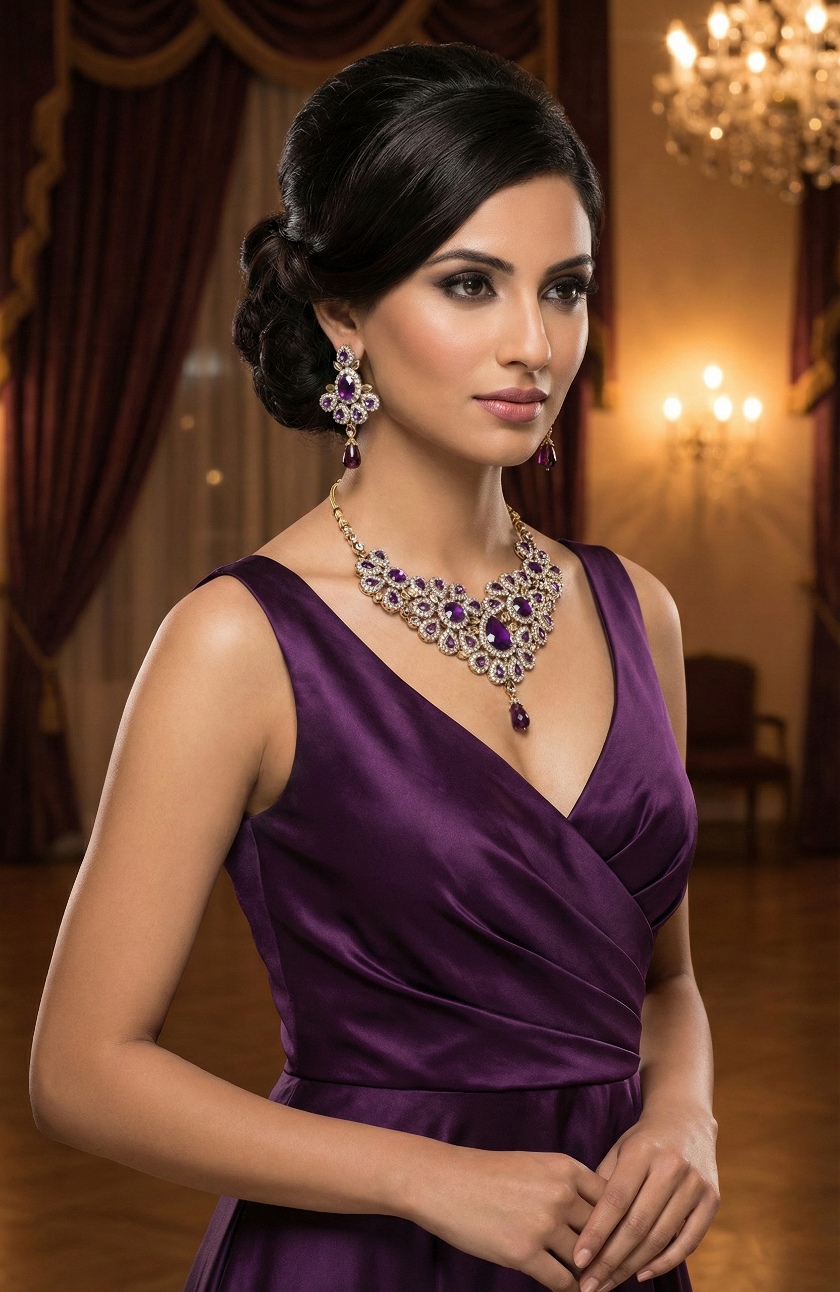 Purple Necklace Set with Earrings and Maang Tikka