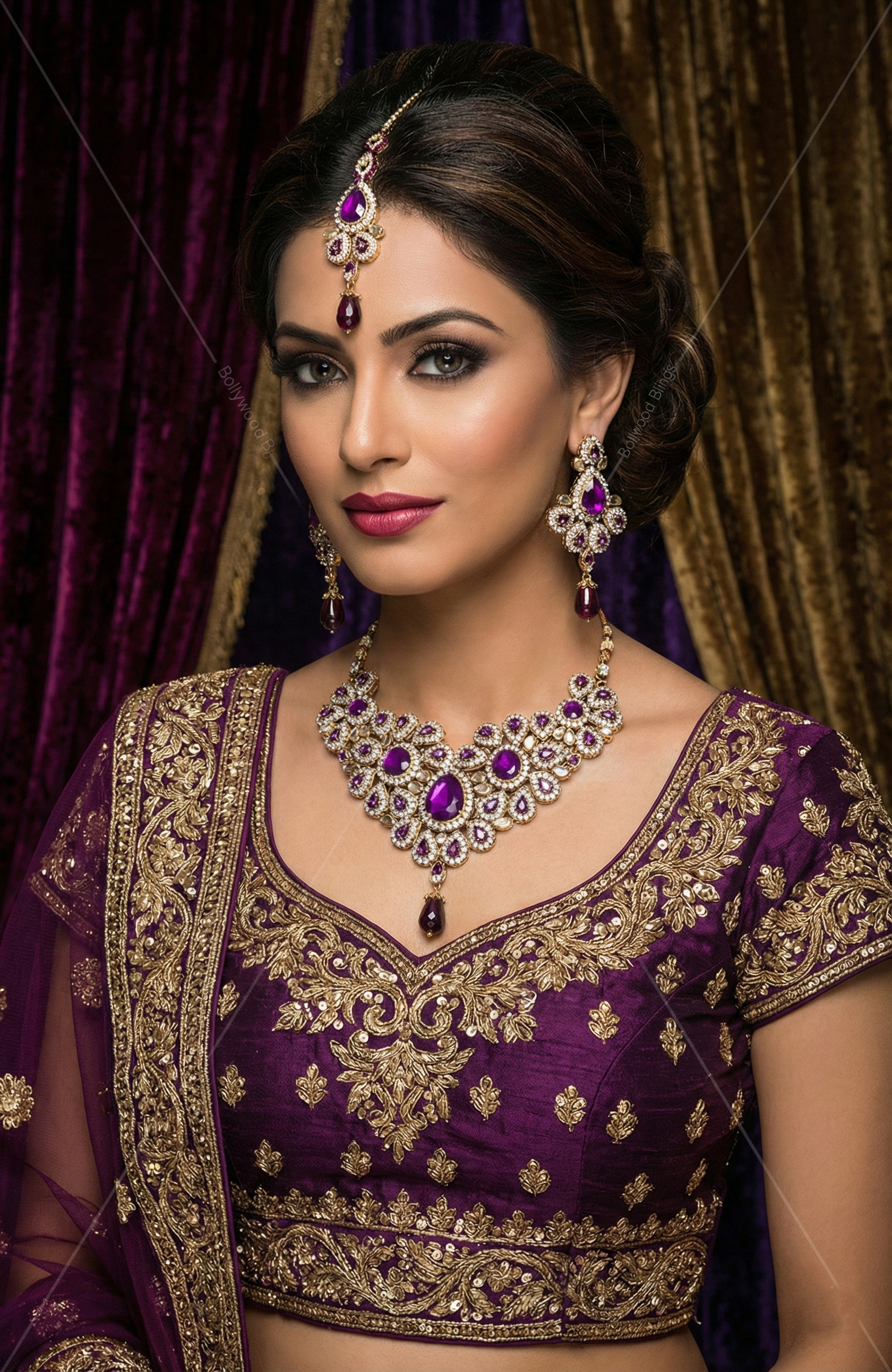 Purple Necklace Set with Earrings and Maang Tikka