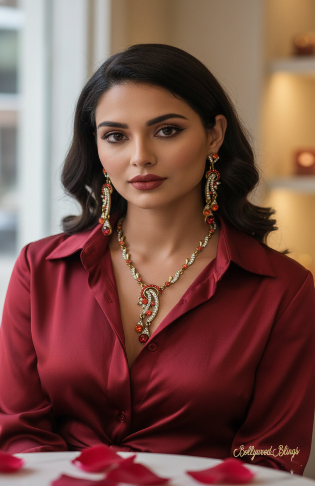 Gold & Red Tone Crystal Necklace & Earring Set