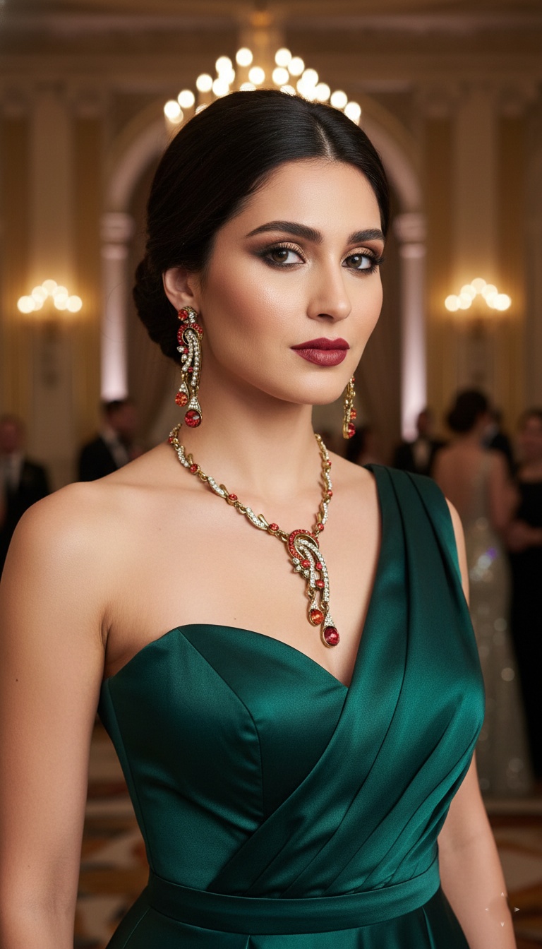 Gold & Red Tone Crystal Necklace & Earring Set