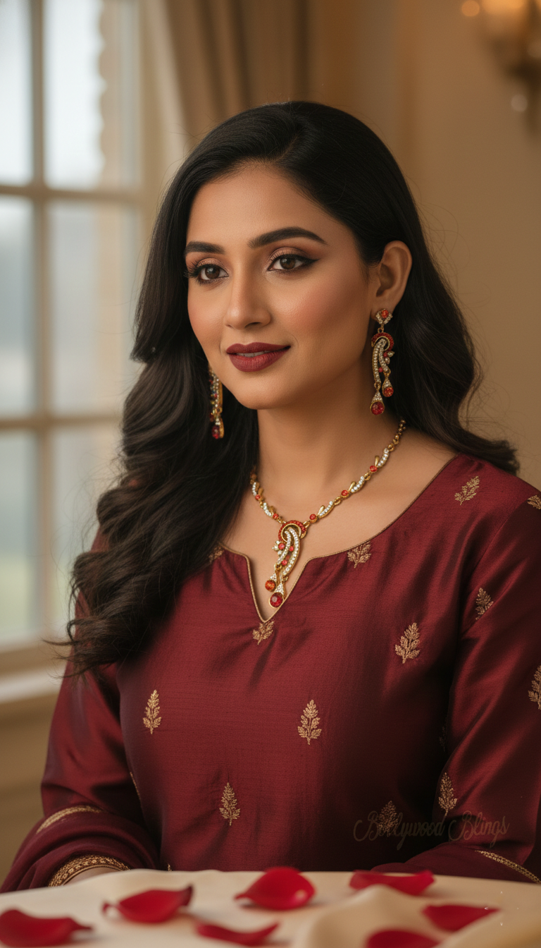 Gold & Red Tone Crystal Necklace & Earring Set