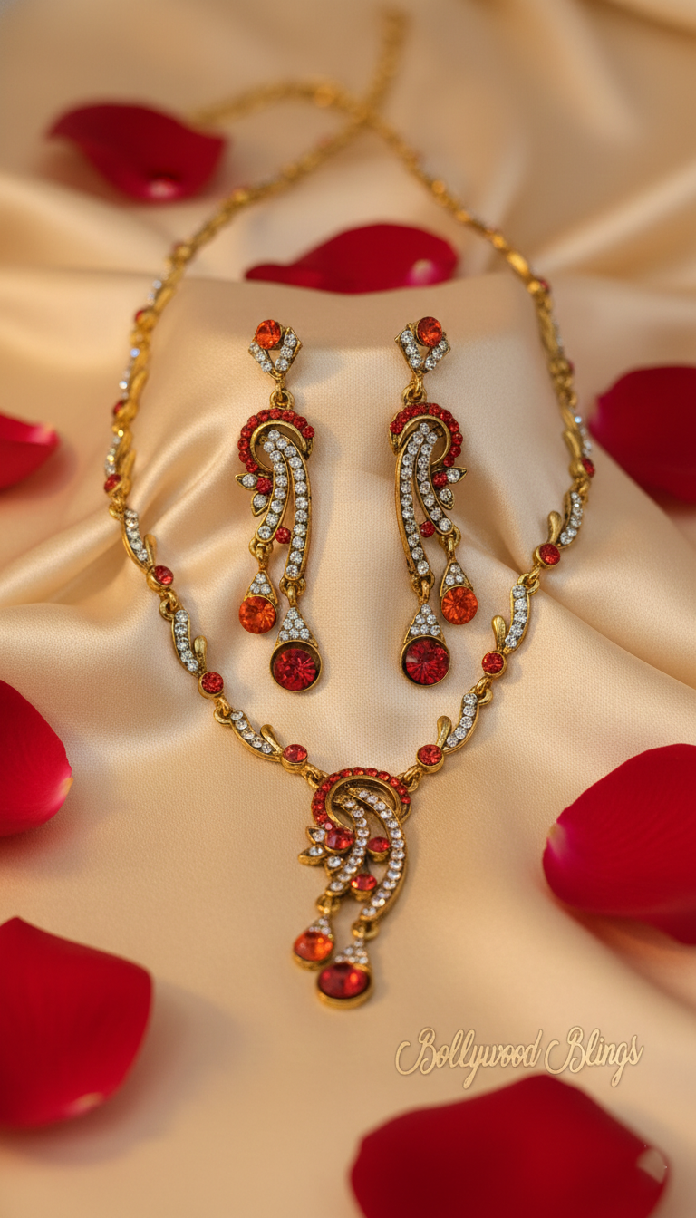 Gold & Red Tone Crystal Necklace & Earring Set