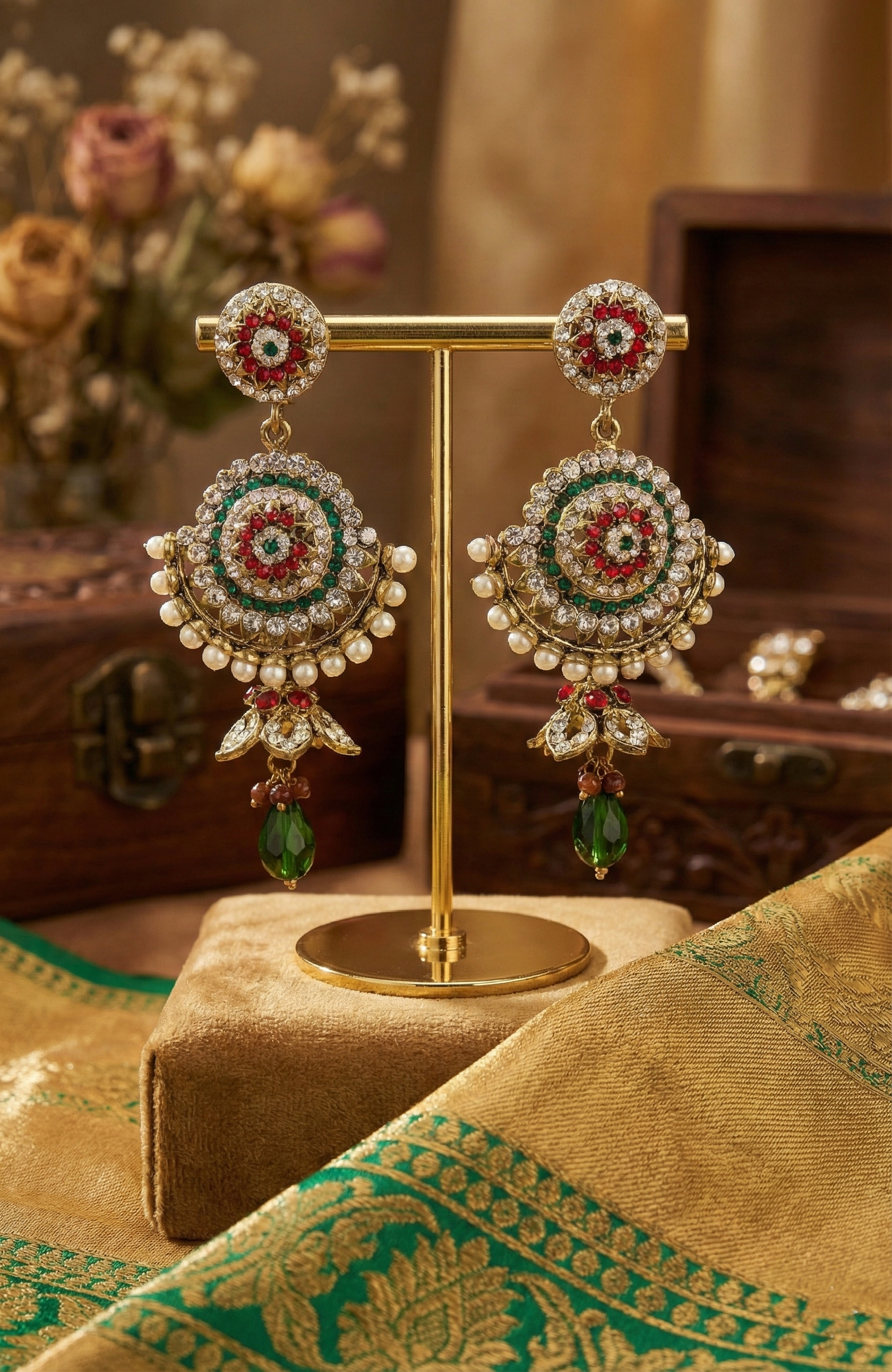 Red and Green Chandbali Earrings with Pearl Edging