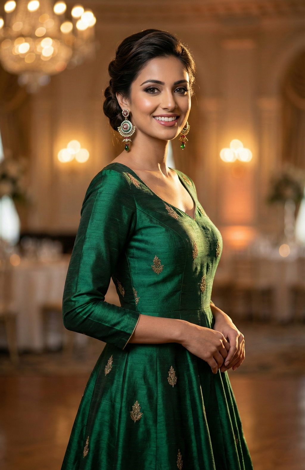 Red and Green Chandbali Earrings with Pearl Edging