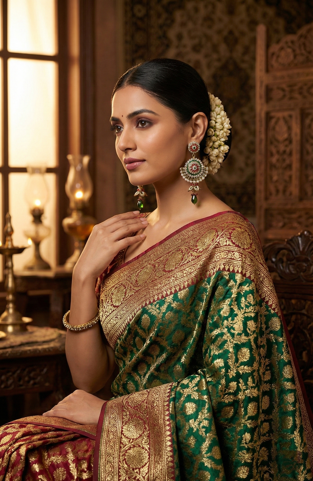 Red and Green Chandbali Earrings with Pearl Edging