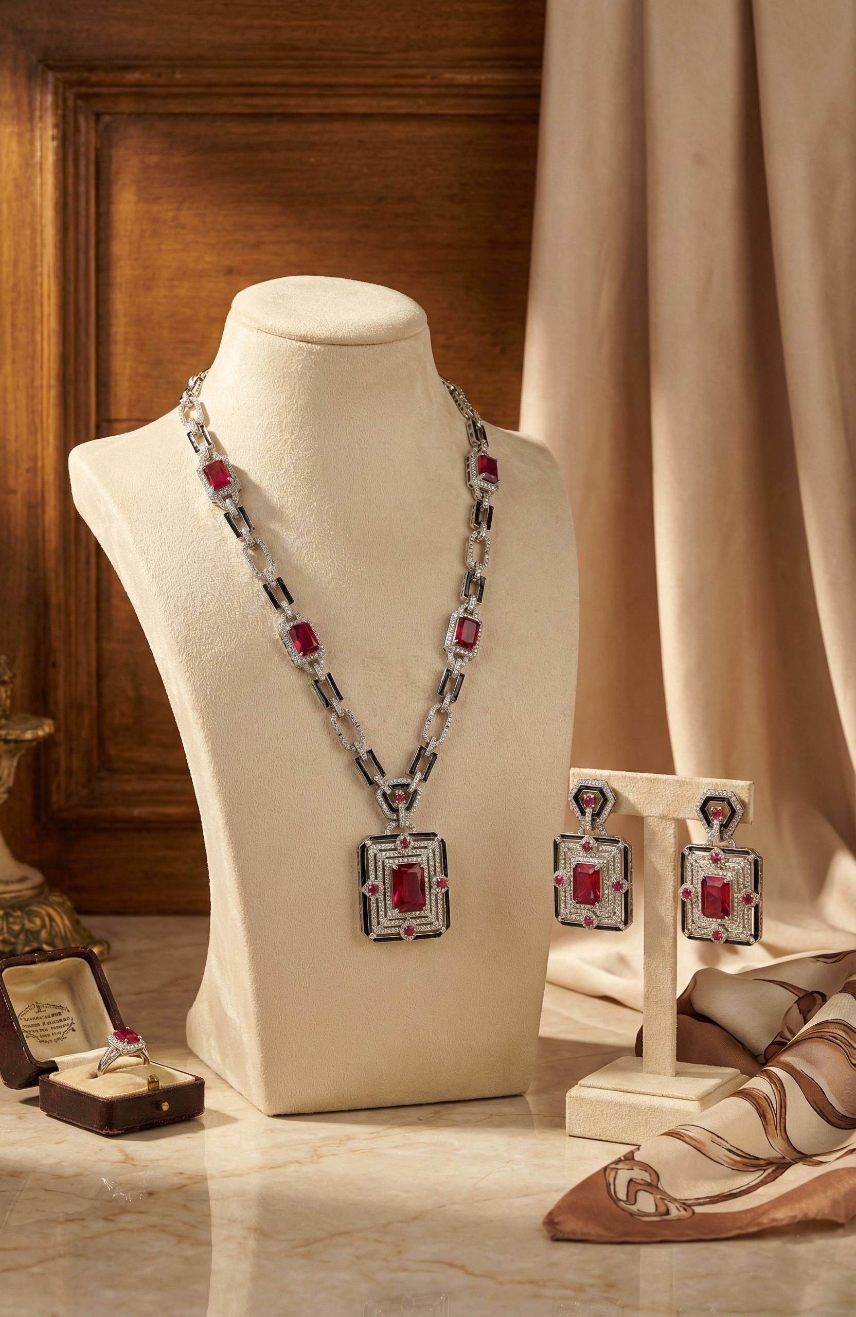 Ruby Red Geometric Necklace & Earrings Set