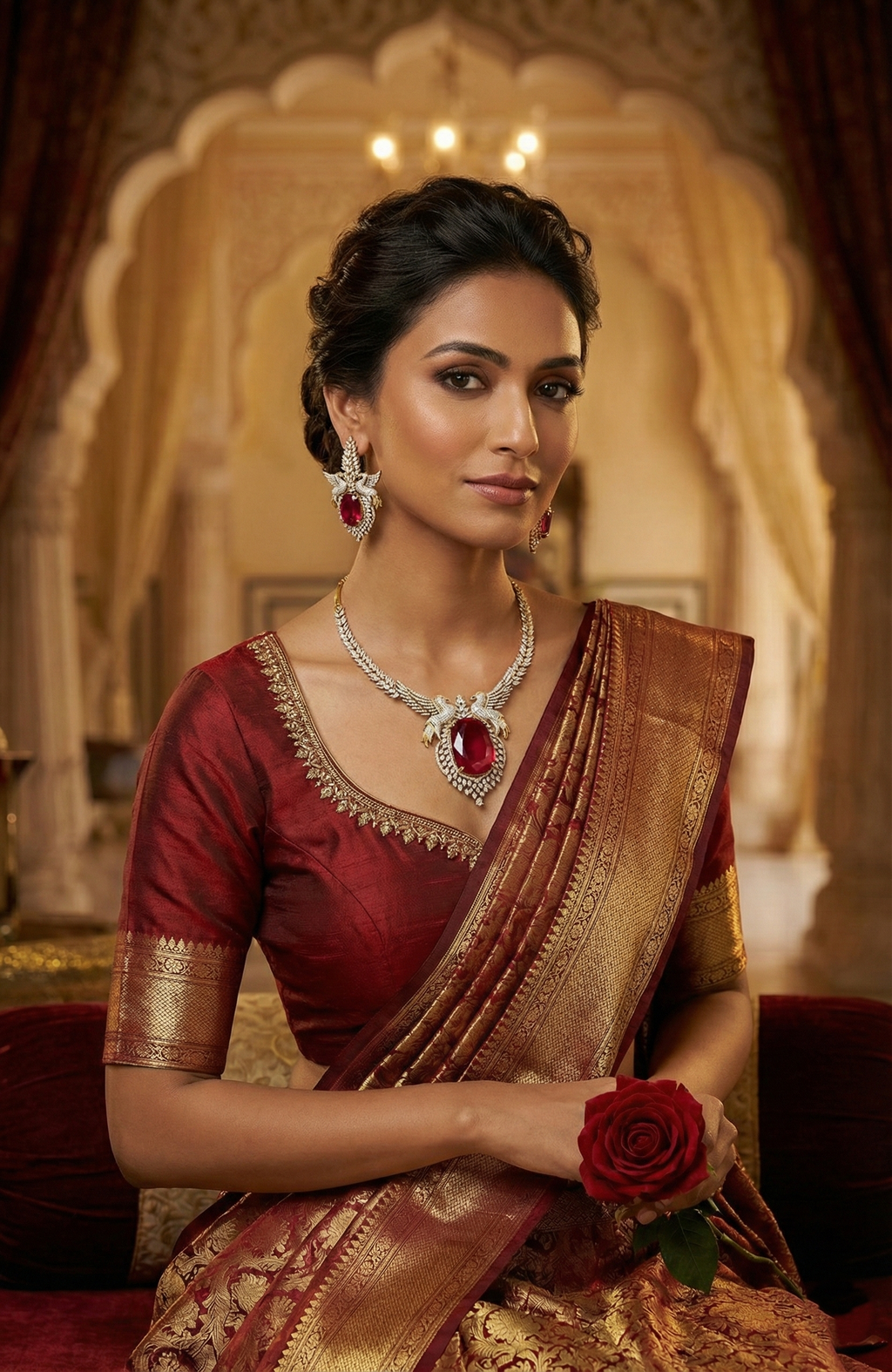 Statement Ruby Red Crystal Necklace & Earrings Set – Gold & Diamond Finish