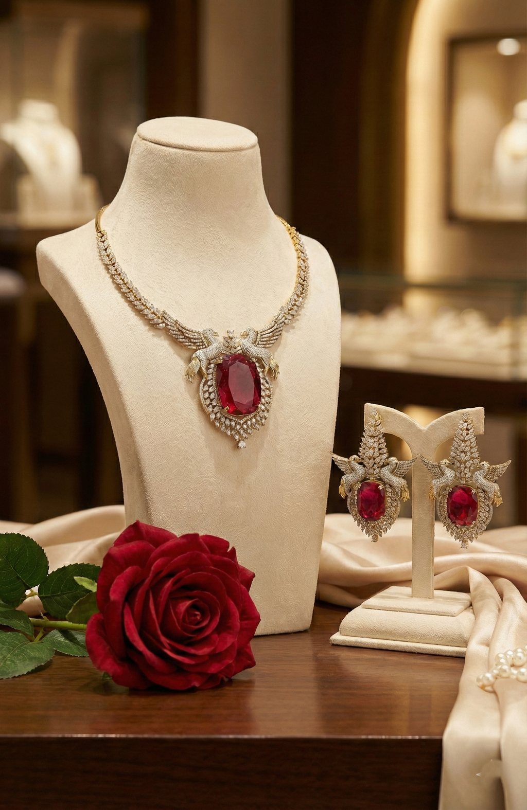 Statement Ruby Red Crystal Necklace & Earrings Set – Gold & Diamond Finish