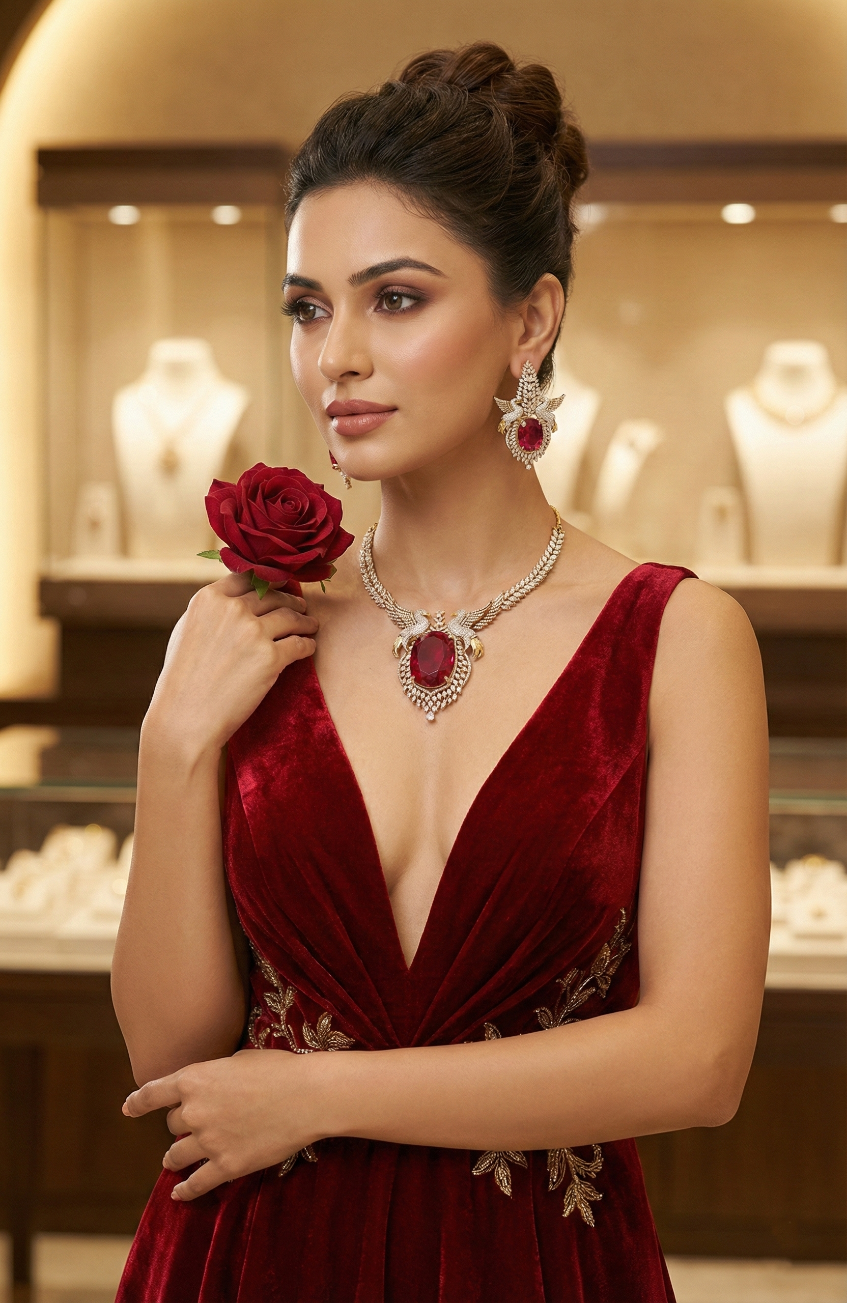 Statement Ruby Red Crystal Necklace & Earrings Set – Gold & Diamond Finish