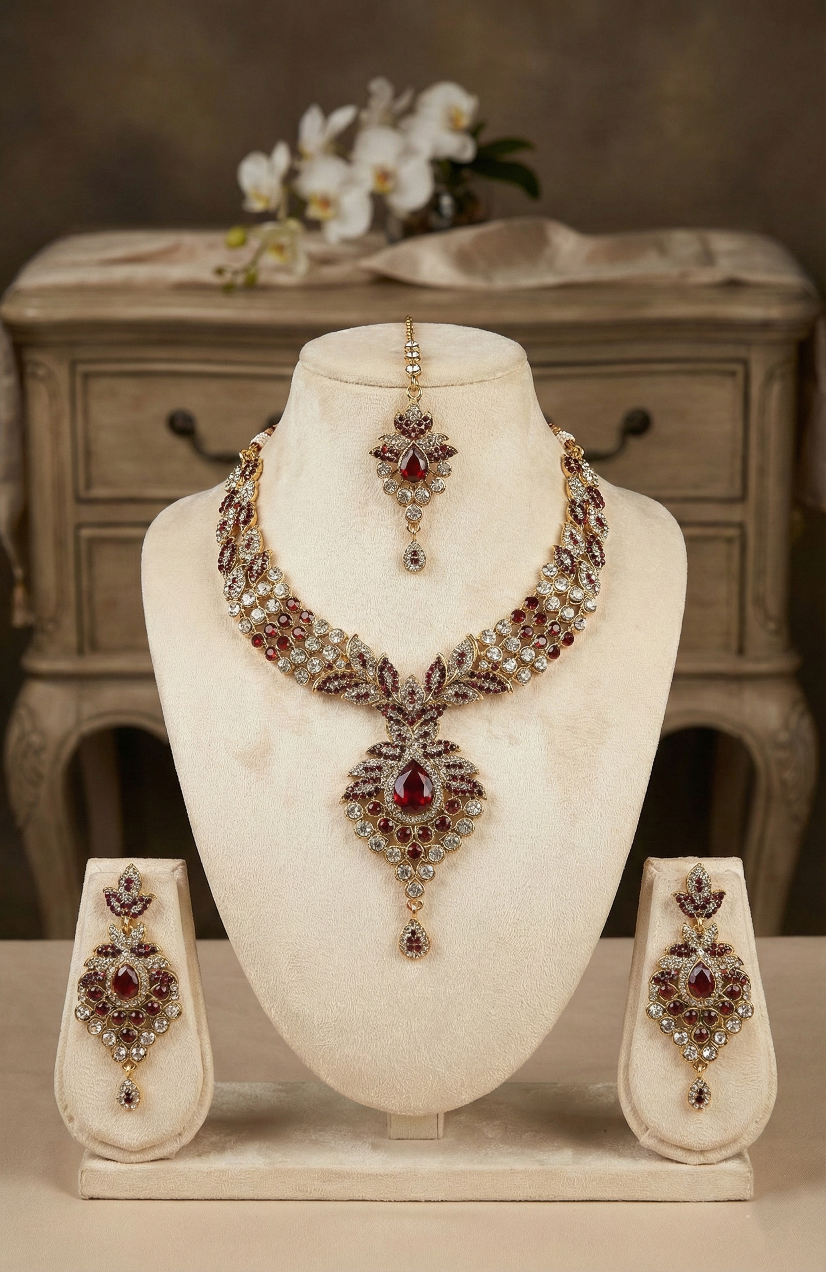 Elegant Ruby Red Necklace Set