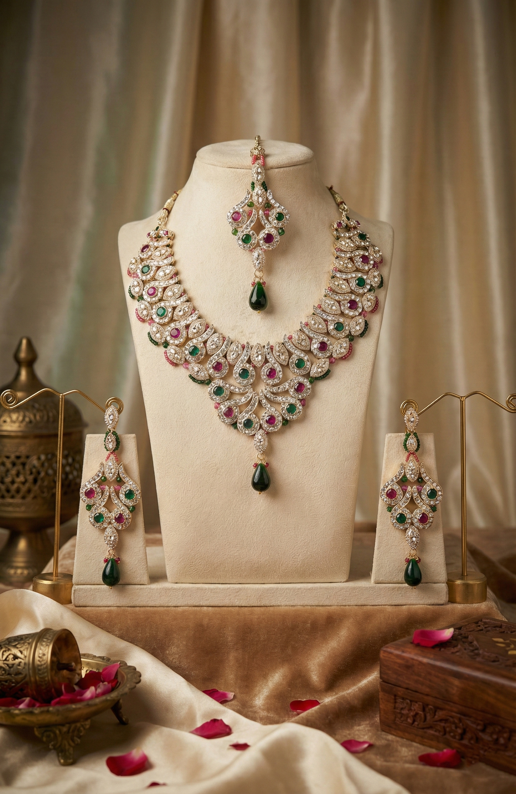 Elegant Stone-Studded Necklace Set with Maang Tikka & Earrings