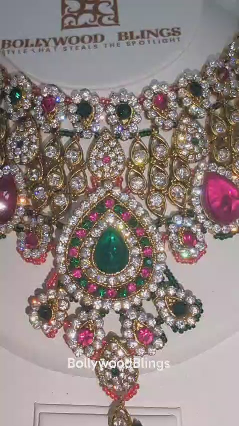 Royal Pink and Green Necklace & Earrings Set