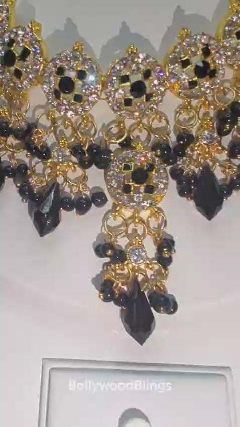 Black & Gold Kundan Necklace Set with Matching Jhumka Earrings