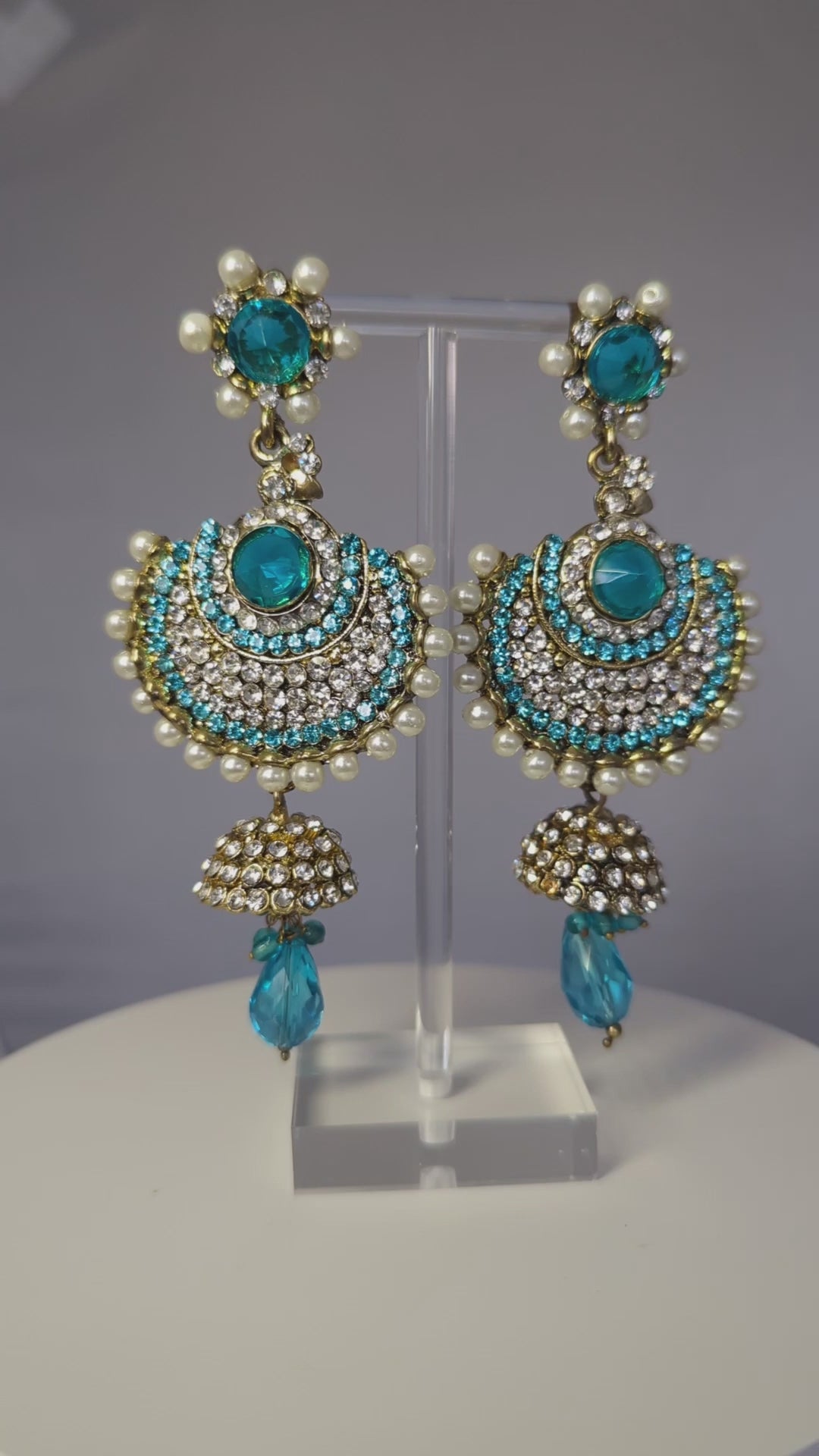 Elegant Gold-Tone Blue & White Crystal Chandbali Shaped Earrings
