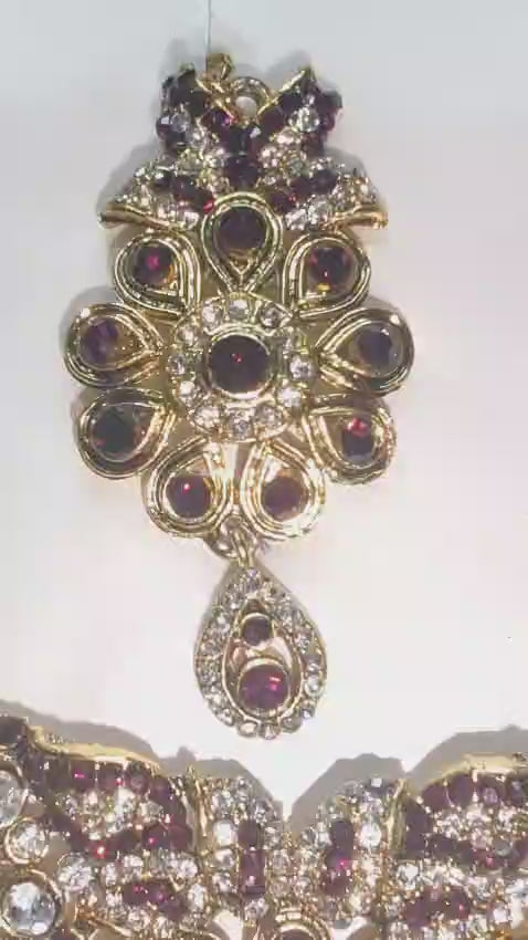 Gold-Tone Necklace Set with Matching Earrings & Maang Tikka – Purple & Clear Stones