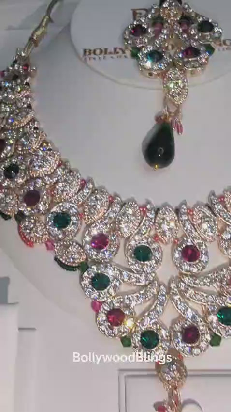 Elegant Stone-Studded Necklace Set with Maang Tikka & Earrings