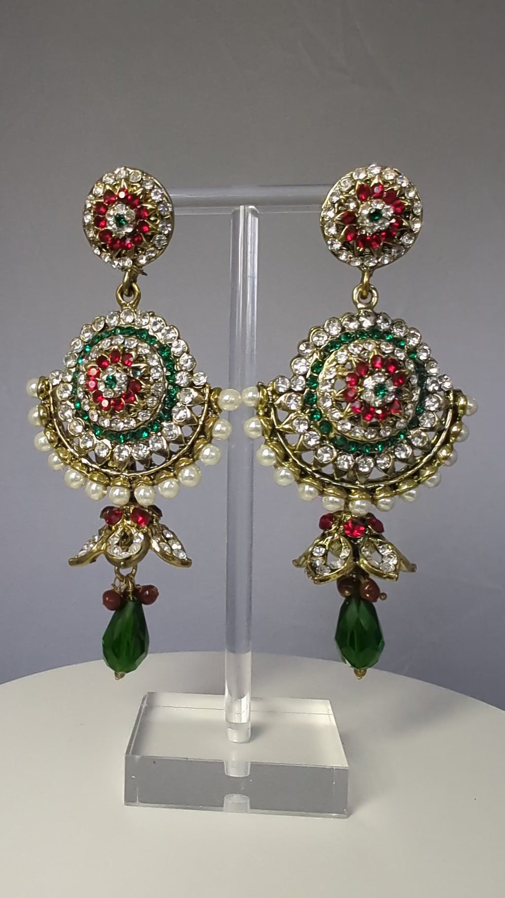 Red and Green Chandbali Earrings with Pearl Edging
