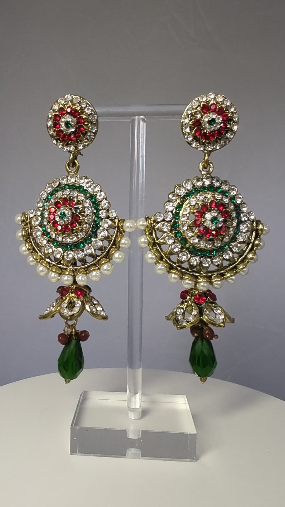 Red and Green Chandbali Earrings with Pearl Edging