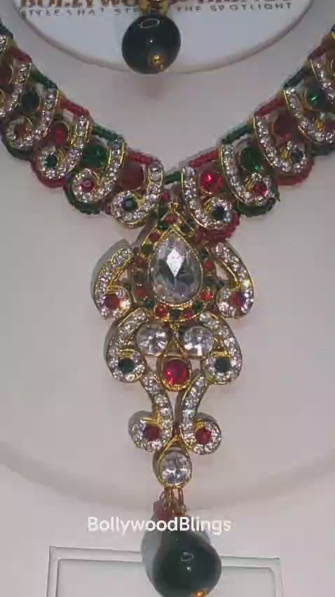 Red and Green Antique Gold-Tone Necklace, Earrings & Maang Tikka Set